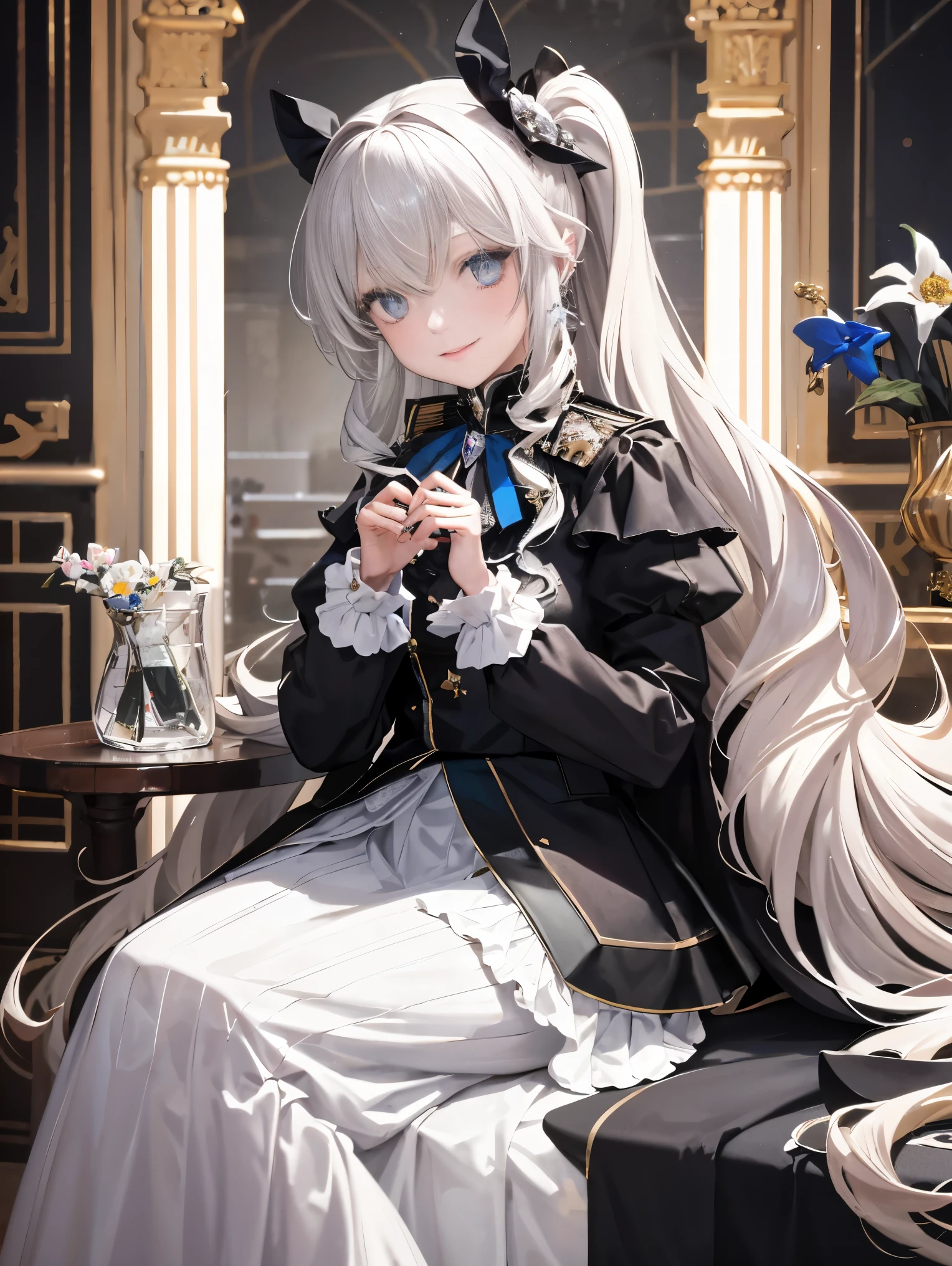 dramatic composition, coat style dress, royal, nice, カスケードfrills, frills, bow, crystal chandelier, roman curly hairstyle, ponette, double ponytail like a drill, look at the camera, bangs, maximalism, palace background, Delicate depiction of hair and eyes, princess dress, nice skirts, flowers in hand, smile, Eyes like the starry sky, cinematic light, extreme detail, High resolution, happy girl, very long hair, diamond, broken diamond, crystal shards, particles of light