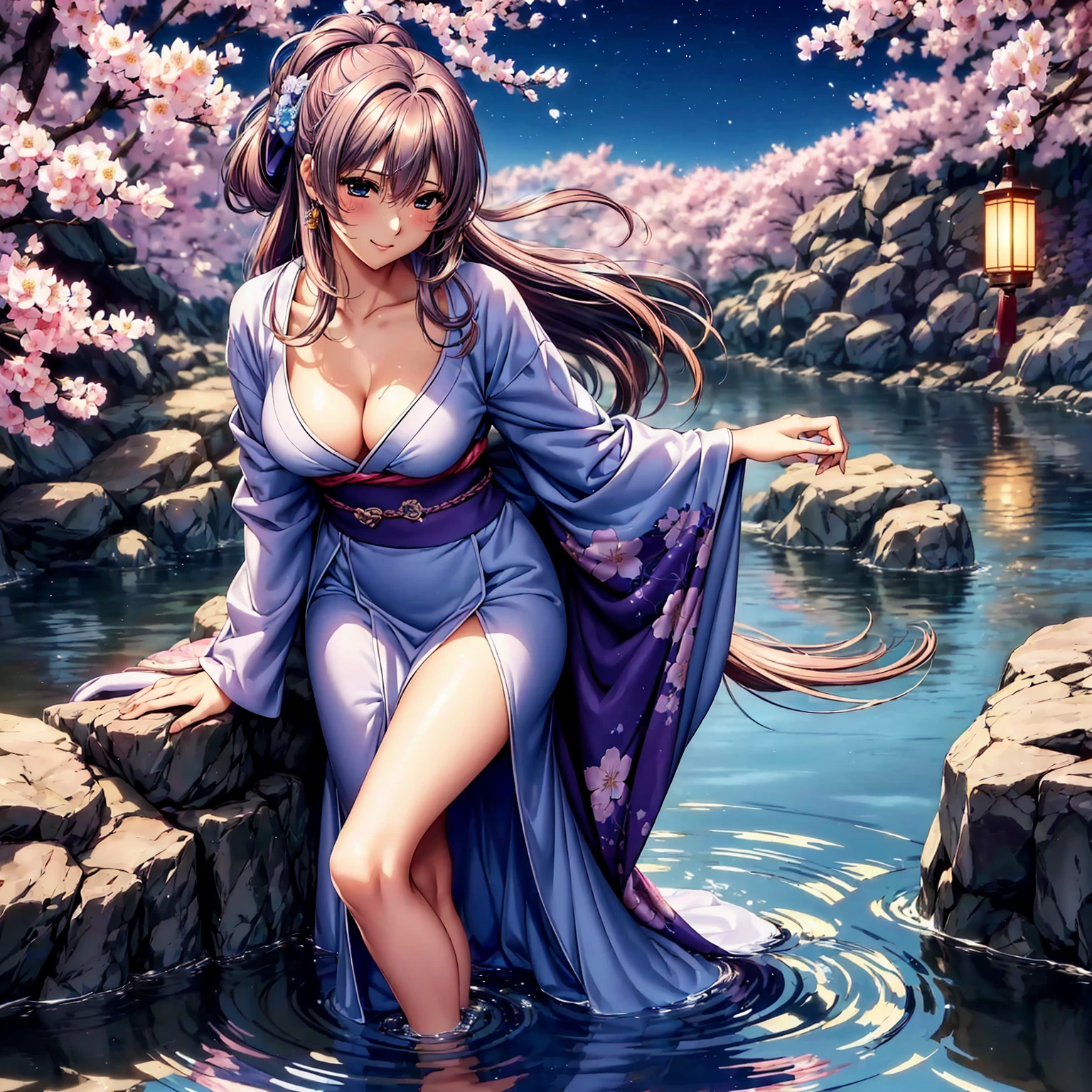 (((highest quality、masterpiece、very high resolution))),(A woman of exquisite beauty:1 person,beautiful figure,beautiful face,beautiful skin,beautiful breasts,Well-formed eyes and nose,bright smile)、(Beautiful body with slender figure,best hair texture,Best skin texture)、((Beautiful Japan kimono:floral and colorful)),(Fantastic waterside,There is a waterfall,Night cherry blossoms and lanterns,mysterious night sky、beautiful scenery),(water play,beautiful pose,model shoot,Hair flutters under the influence of the wind),realistic portrait,bijinga,(highly detailed images、accurate image、Perfect Image 1.5)、beautiful anime woman, beautiful art style, anime character、Overall image、accurate anatomy、Image without defects、natural soft light、beautiful images、(best shot,RAW photo)