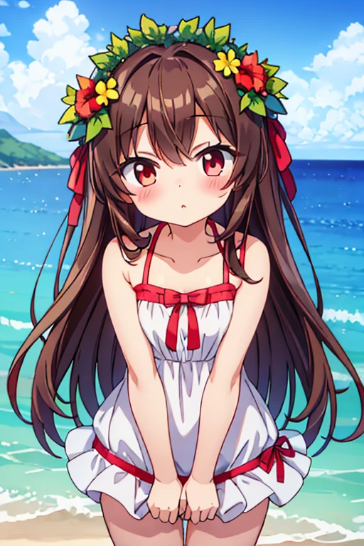 About 9 ~ 16 year old girl，red eyes，brown hair，white skin，swimsuit，There is a blush，wreath，Two-dimensional style