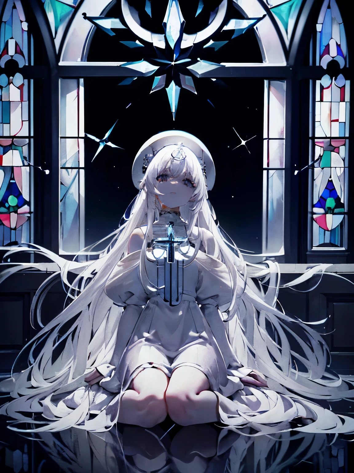 white haired woman very long hair hair falling on the floor Sitting on the floor Light is shining from above Inside the white church cross transparent glass BLUE Composition looking up from bottom to top Beautiful stained glass Delicate face drawing Overperth