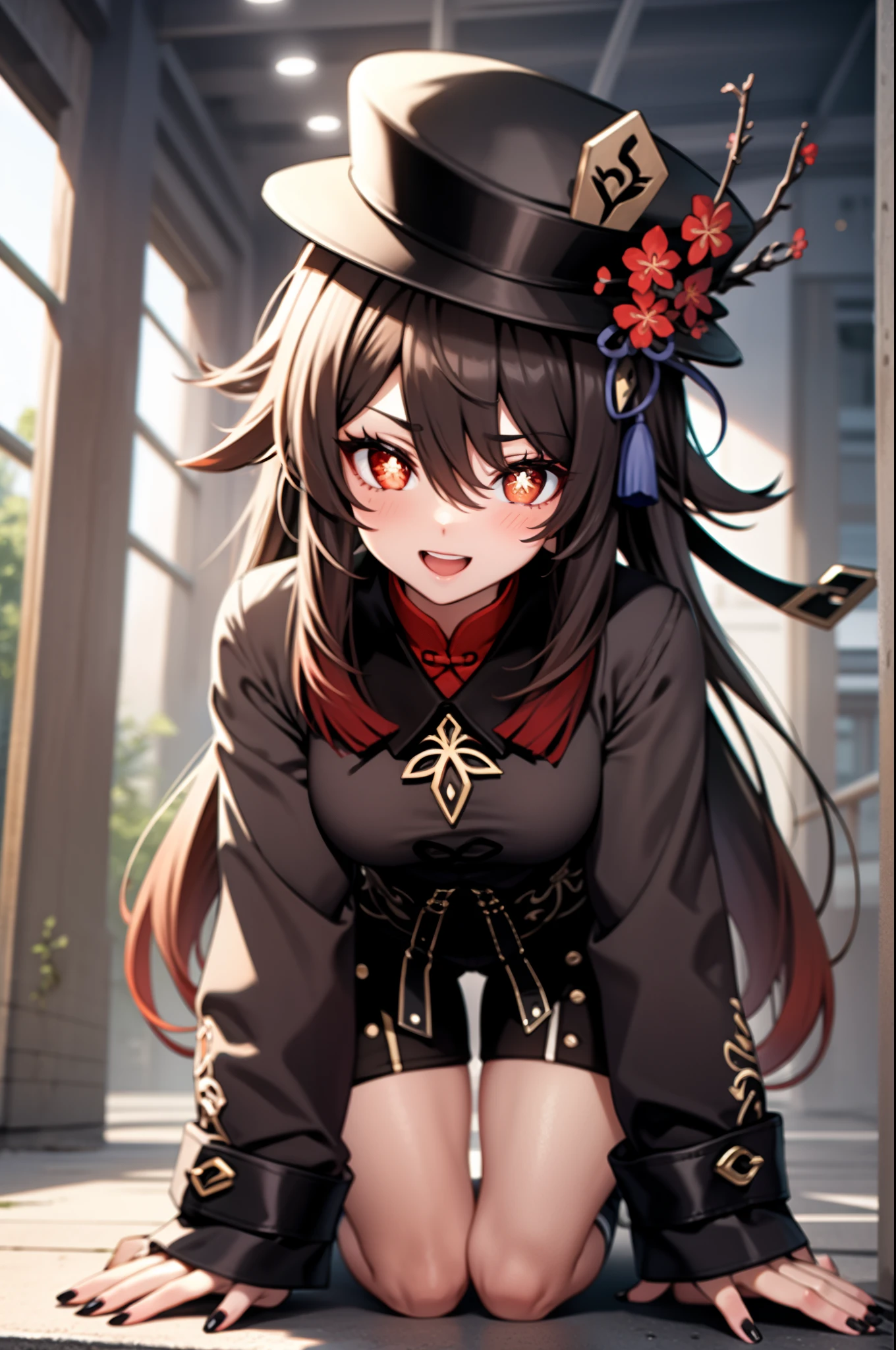 masterpiece, best quality, HuTaoV4, 1girl, solo, looking at viewer, symbol-shaped pupils, flower shaped pupils, blush, smile, open mouth, long sleeves, hat, jewelry, flower, thighs, shorts, socks, nail polish, black headwear, chinese clothes, black shorts, ring, all fours, black nails, hat flower,