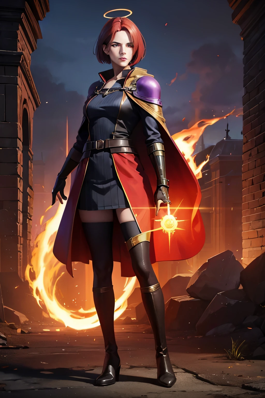 (best quality,highres),(realistic:1.37)Aazimar with fiery red hair, a bob haircut swept to the right eye, golden eyes, a flowing purple cloak, a golden halo above head, holding a spellbook in the left hand, full length figure, black boots, in a dark fantasy atmosphere