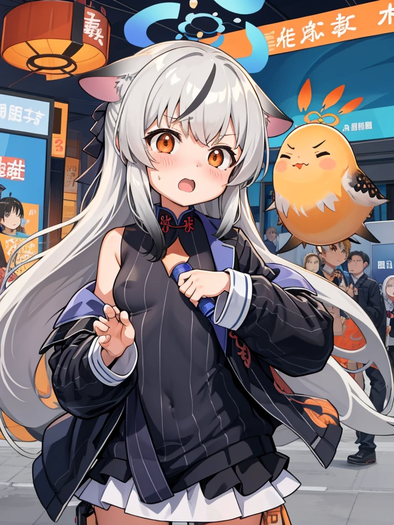 绿色of: 1.5, orange: 1.1, 白色of: 1.3, of: 1.3, , post apocalyptic world, tattoo, (lupas pufferfish: 1.2), Giant machines, misterburn, Wire, part, Action pose,1 girl, black skirt, black jacket, blush, breast, Clothes tailoring, skirt, 飞扬of汗珠, halo, jacket, Kocona, long sleeves, looking at the audience, open mouth, 简单of背景, 独自of, Upper body,Sunohara Kokona