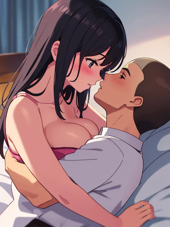 1boy, buzzcut, blush, muscular, topless, pants, hug, buzzcut boy_on_top, lying, black eyes, 1girl, bangs, bed sheet, black hair, twisted half up hair, long hair, blush, breasts, medium breast, white collared shirt, unbuttoned shirt, open shirt, medium breast, pink bra, parted lips, cowboy shot, groin, lying, medium breasts, on back, face to face, passionate hug, kiss, girl_on_below