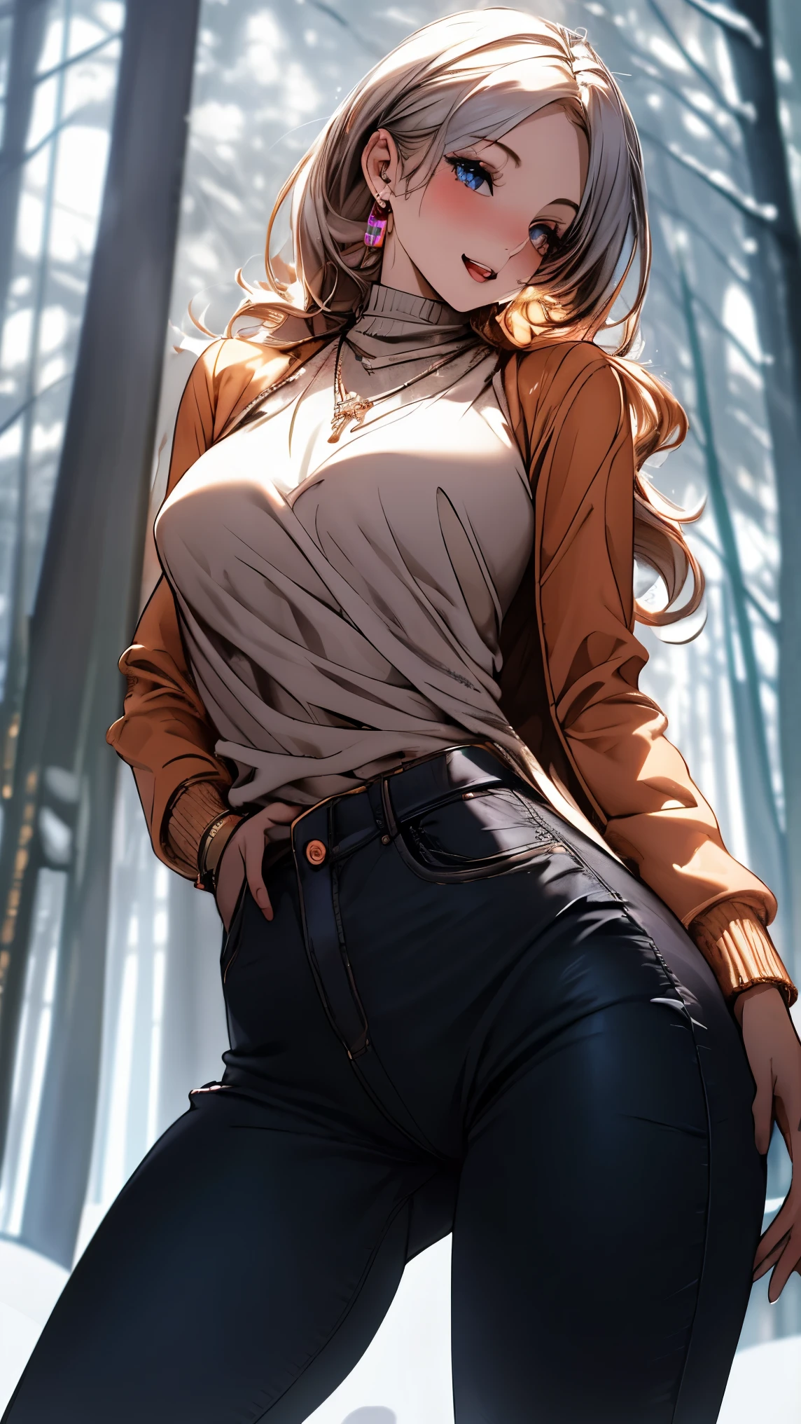 (masterpiece, best quality:1.2), (high resolution, 8K RAW photo, photo realistics, clear focus, thin outline:1.3), (natural lighting, textile shading), snapshot, pov, ((solo:1.37)), (1 matured woman, 28 years old, raised sexy), ((milf:1.5)), ((nfsw:0.8, fuge breast:1.3, sagging breast, big tits, breast cleavage, harass sexually, in heat:0.2)), ((Bright beautiful eyes with highlight:1.3, fine detailed eyes, high detailed pupils)), beautiful girl wearing winter outfits:1.5, ((cute girl playing around in the falling snow:1.5, dancing, stepping, with fluttering:1.2, turnning, spinning, spreading legs, opening arms widely, fluttering hair)), ((winter outfits, wearing light orange winter coat:1.2, fluttering winter coat, cable knit sweaters, skinny denim:1.5, knit scarfs around neck, tihg_length long boots1.1)), your body decorated with fallen snow, in the snow, (looking at viewers, with seductitve smiling, half-closing eyes), ((little opening mouth:1.37)), silver based purple meshed hair, medium long hair, hair over one eye, asymmetric hair, side rock, blue eyes, (Luxury detailed accessories, necklace, earrings, Bracelets), bokeh, dutch angle, close-up face:1.5, full body, ankle focus, ((from side below:1.5)), ((full bodiEsbian, correct anatomy:1.6, perfect anatomy:1.3, ideal ratio of body proportions, correct hand:1.5, small hands)), outdoors, in a snowy forest, snow covered ground, trees decorated with snow, floating snowflakes, 