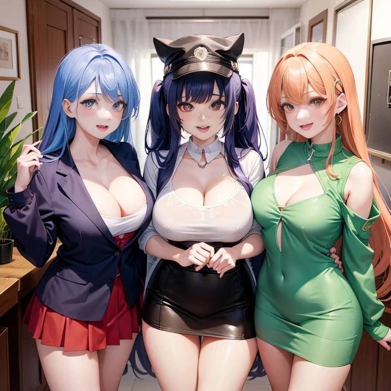 Harem、Three girls are depicted、colorful hair、beautiful girl、highest quality、laughter、beautiful girl、masterpiece、High-definition images、The girl on the left is cosplaying as a police officer.、The girl in the middle is off shoulder、The girl on the right is wearing a cardigan、cleavage exposure、Thigh emphasis、mini skirt、I'm in the room