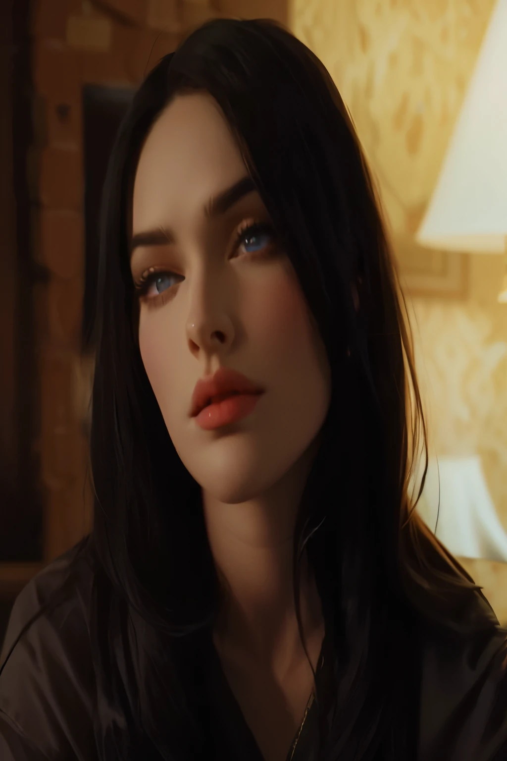 Mujer con pelo largo y una camisa marrón mirando a la cámara., still of Megan Fox, "Megan Fox, Megan Fox as beautiful mountains, Megan Fox, portrait of Megan Fox as demon, Megan Fox with heavy eye makeup, Megan Fox portrait, portrait of Megan Fox, Megan Fox witch queen, lips of Megan Fox, portrait of Megan Fox as a queen, cabello brillante, ojos azules, realista
