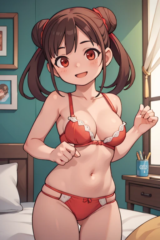 smile, happy, chiyokosonoda, chiyoko sonoda, brown hair, (red eyes:1.5), hair bun, long hair, double bun, sidelocks, bra, panties bare neck, BREAK indoors, bedroom, BREAK looking at viewer, cowboy shot, BREAK (masterpiece:1.2), best quality, high resolution, unity 8k wallpaper, (illustration:0.8), (beautiful detailed eyes:1.6), extremely detailed face, perfect lighting, extremely detailed CG, (perfect hands, perfect anatomy),