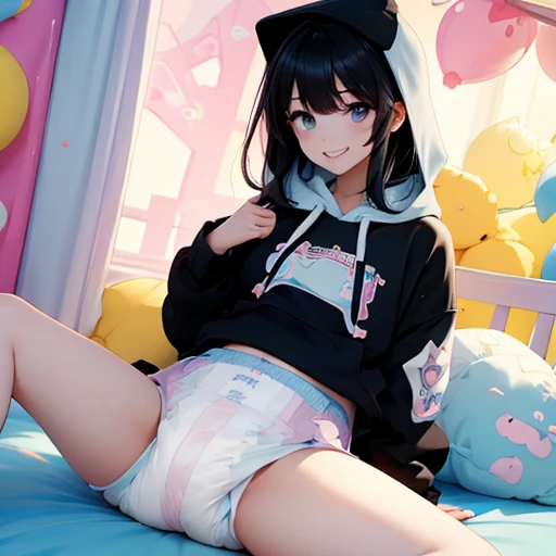 cute kpop girl, pee diaper, wet diaper, hoodie, smile, park, primary colors, pastel colors, long hair, black hair