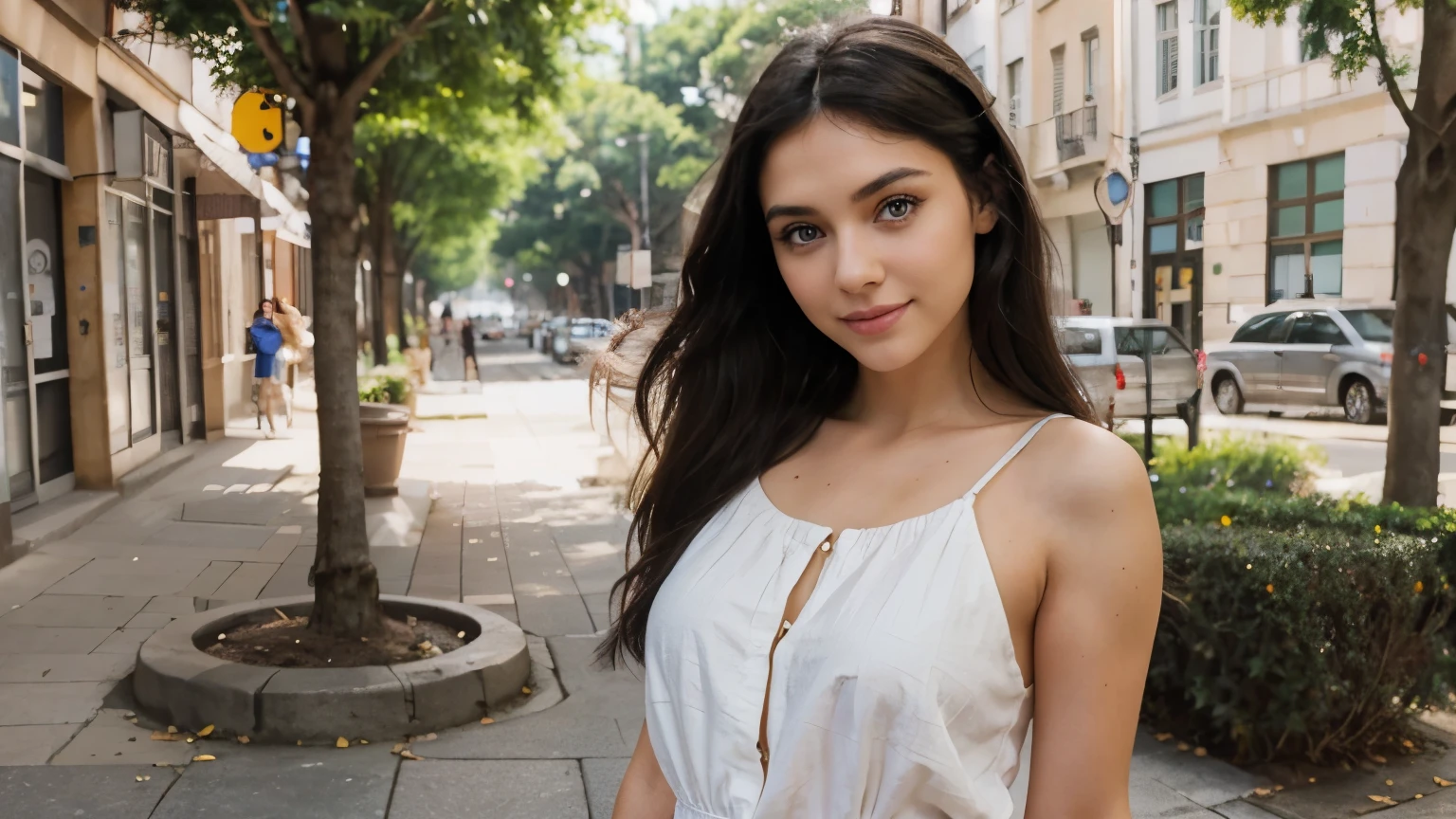 Create an RPG style scene of a beautiful brunette woman with blue eyes high resolution, realistic, portrait, young, beautiful, Labanese, girl, 20s, big eyes, detailed facial features, long eyelashes, cute pointed nose, straight black hair , natural makeup, fashionable attire, stunning smile, vivid colors, soft lighting, warm tones, rich skin texture, subtle shadows, natural environment, on the street, on the sidewalk, noon, standing, sunny day, wearing white short dress , posing, smiling