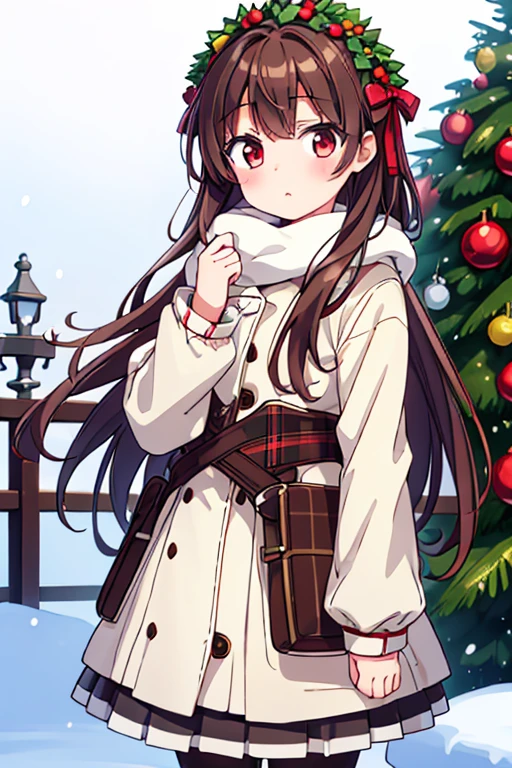 About 9  girl，red eyes，brown hair，white skin，winter clothes，There is a blush，wreath，Two-dimensional style