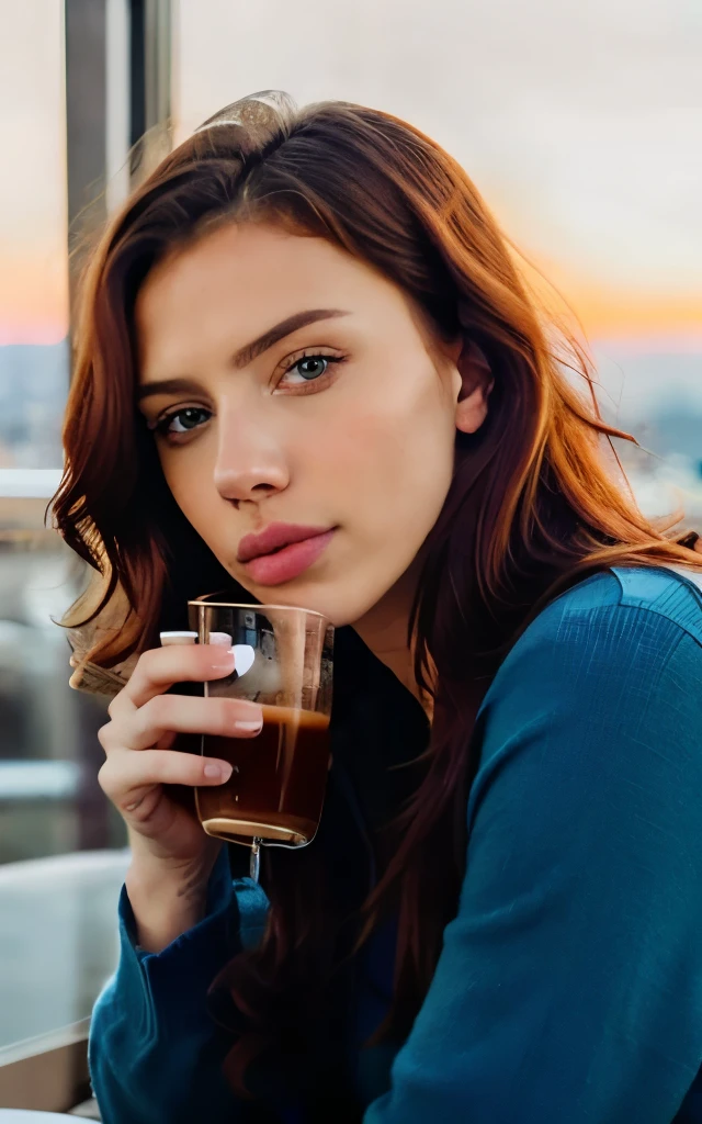 beautiful redhead Scarlett Johansson wearing blue sweater (sipping coffee inside a modern café at sunset), very detailed, 21 years old, innocent face, natural wavy hair, blue eyes, high resolution, masterpiece, best quality, intricate details, highly detailed, sharp focus, detailed skin, realistic skin texture, texture, detailed eyes, professional, 4k, charming smile, shot on Canon, 85mm, shallow depth of field, kodak vision color, perfect fit body, extremely detailed, foto_\(ultra\), photorealistic, realistic, post-processing, maximum detail, roughness, real life, ultra realistic, photorealism, photography, 8k uhd, photography