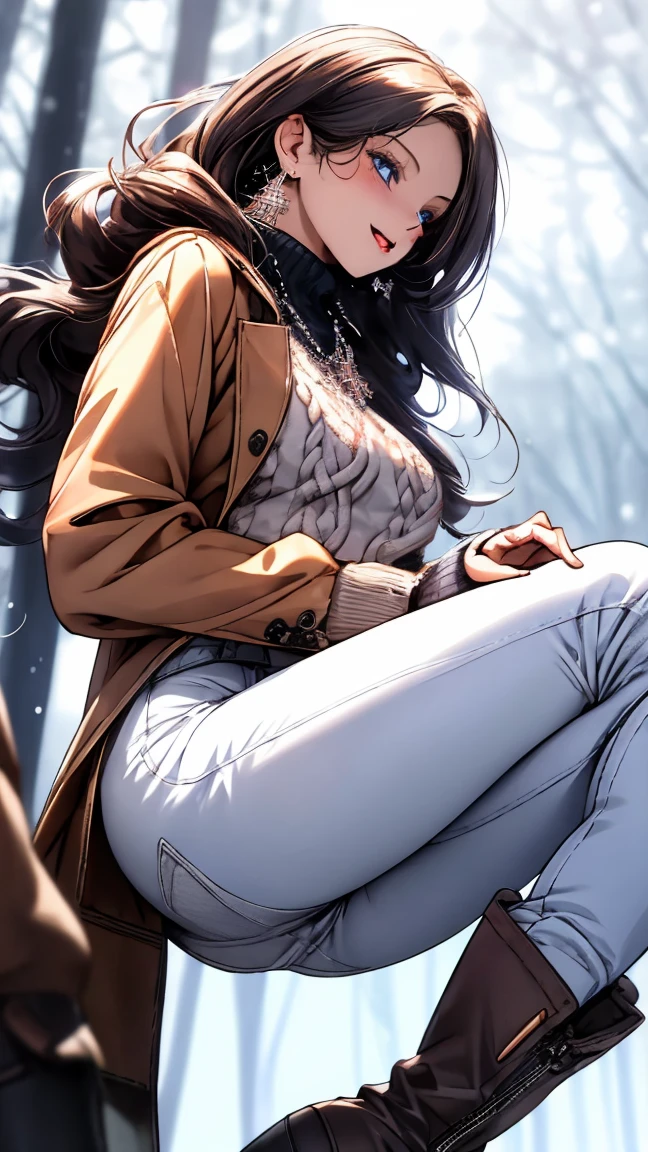 high-definition images, atmospheric perspective, 8k, super detail, accurate, best quality, various composition, a woman, (winter clothes, jacket), looking away, (drooping eyes), (sleepy), earrings, spread her legs slightly, showing off her detailed drawing of deluxe panties, (pantyhose), dark hour of down, boots, pants pulled down, 