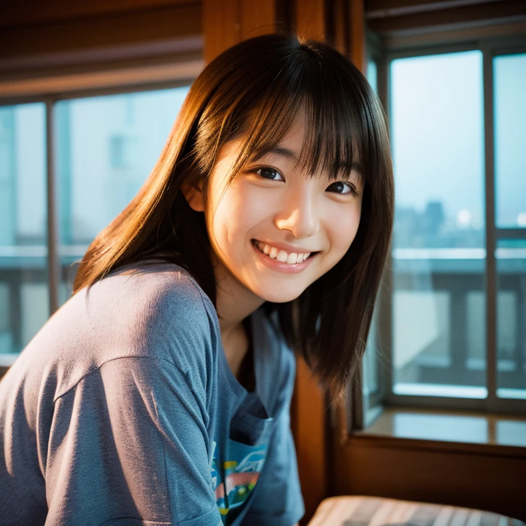 The face of a young Japanese woman smiling slightly while posing like a model by the window. Focal length 100mmf/2.8, early winter night, living room on the upper floor of a tower apartment, plain T-shirt and shorts, close-up of eyes, film quality.