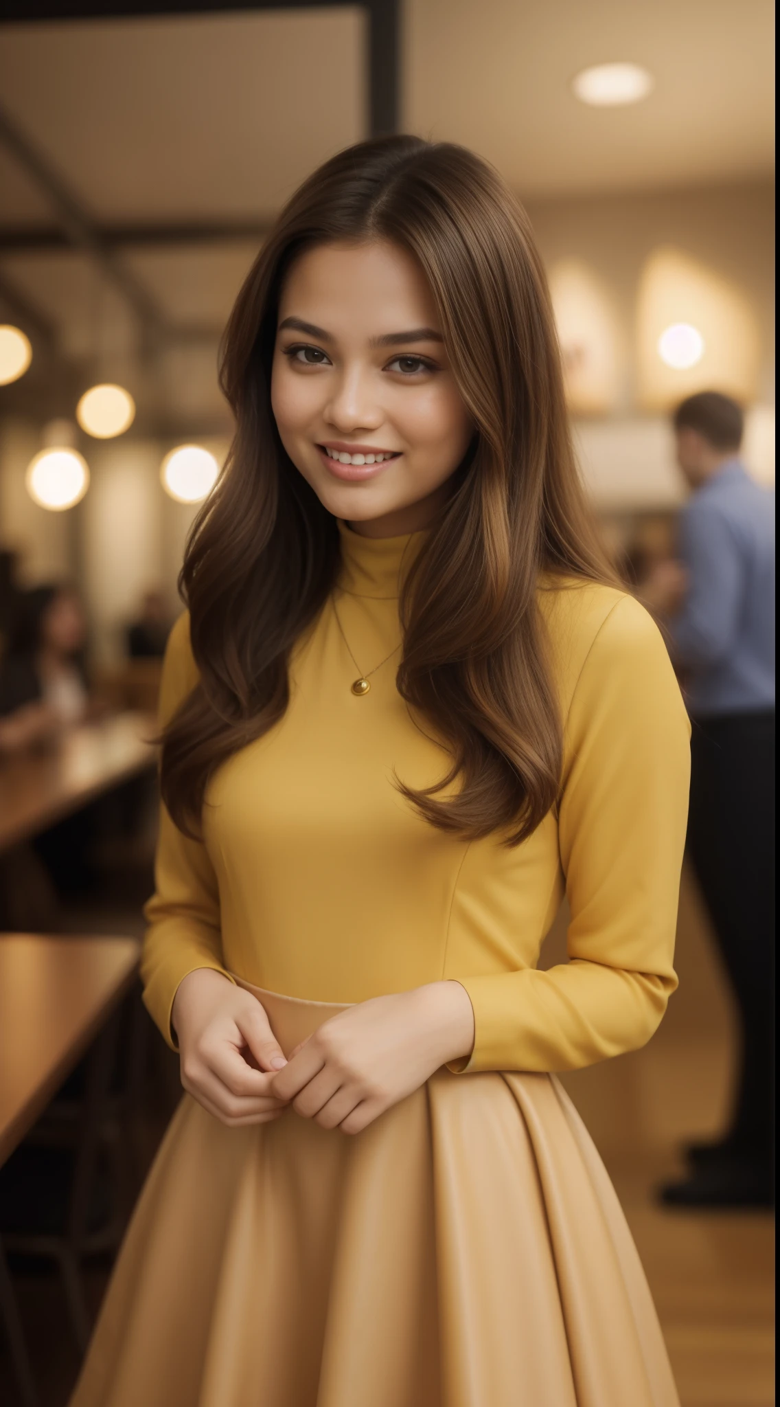 Malay girl, very long golden brown hair,wear yellow mustard long sleeve modest leather peplum long Dress with leggings, laughing and posing with hand on hip, from front view, windy, detail skin, age spot, detail skin texture, mole below eyes, small breast, flat chest, wide hips, small waists, thick thighs, beautiful  body, nighttime, laughing, happy, cool ambient, crowded cafe, blur background, bokeh, cinematic lighting, Super 8mm lense, Extreme close-up, deep focus cinematography effect, Natural Lighting, pastel color grading, high quality, ultra detail, 8k resolution