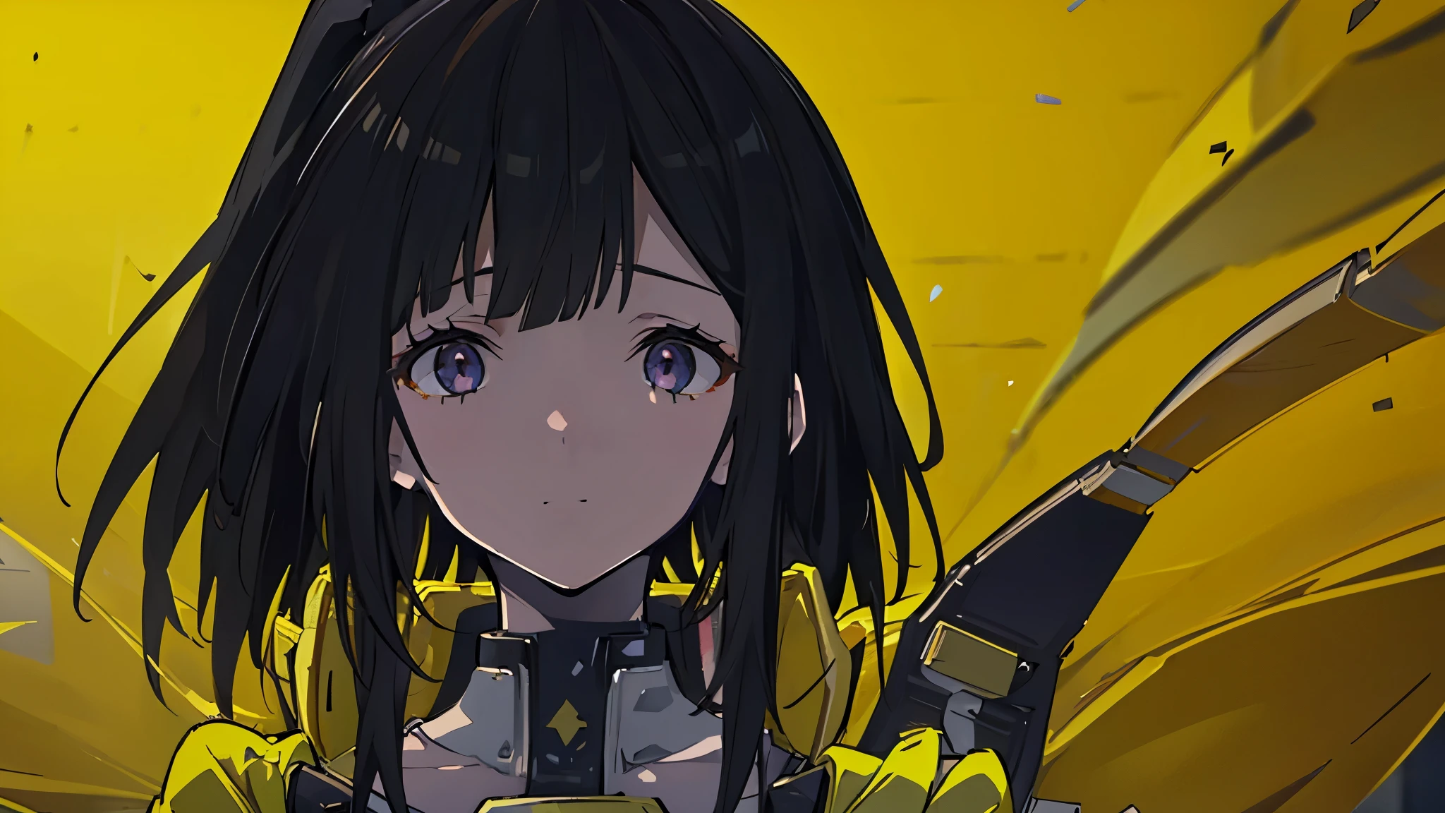 SIRIS, yellow_tactical_jacket, bodysuit_under_clothes, black_gloves, uneven_legwear, thigh_strap, hair_ornament, black_boots, black_hair, ponytail, ahoge, yellow_eyes, Battlefield, Mech, Robot, Debris, ((Best quality)), ((masterpiece)), 3D, HDR (High Dynamic Range),Ray Tracing, NVIDIA RTX, Super-Resolution, Unreal 5,Subsurface scattering, PBR Texturing, Post-processing, Anisotropic Filtering, Depth-of-field, Maximum clarity and sharpness, Multi-layered textures, Albedo and Specular maps, Surface shading, Accurate simulation of light-material interaction, Perfect proportions, Octane Render, Two-tone lighting, Wide aperture, Low ISO, White balance, Rule of thirds,8K RAW, Aura, masterpiece, best quality, Mysterious expression, magical effects like sparkles or energy, flowing robes or enchanting attire, mechanic creatures or mystical background, rim lighting, side lighting, cinematic light, ultra high res, 8k uhd, film grain, best shadow, delicate, RAW, light particles, detailed skin texture, detailed cloth texture, beautiful face, (masterpiece), best quality, expressive eyes, perfect face,nikkeredhood,hair over one eye,marian,Scarlet (nikke),hellsparadise style,fuyumi