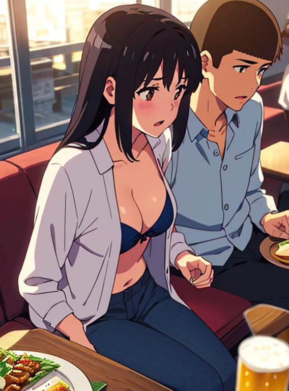 shinkai makoto, kimi no na wa., 1boy, buzzcut, office attire, boy's arms placed over girl's shoulder, drunk, boy sit beside girl, boy caressing girl's body, 1girl, bangs, black hair, brown eyes, open mouth, blush, twisted half up, red ribbon, long hair, long sleeve light yellow cardigan, open shirt, white shirt, cleavage, breast, medium breast, blue pants, drinking party,nomikai, table, food drinks, beer, indoors, night, masterpiece, perfect anatomy, cowboyshot,