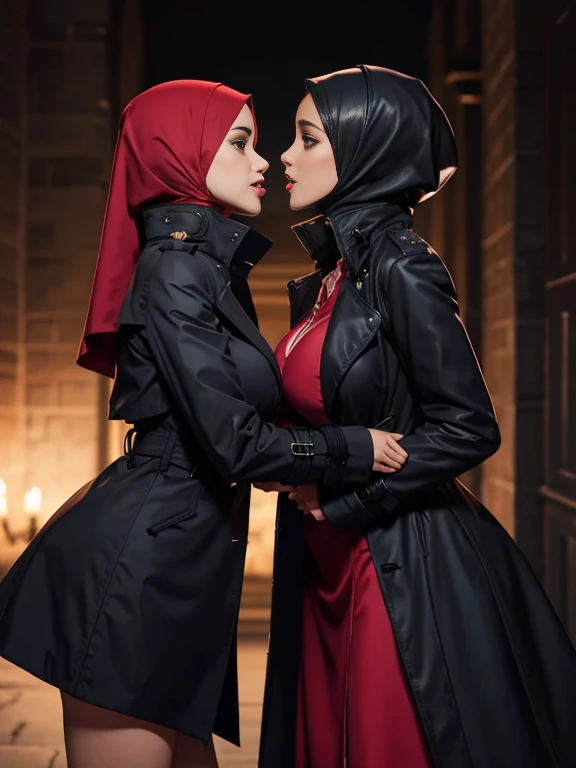 Two 20 yo woman with slim body and big breast ,red hijab,black sweater, short red skirt, soothing tones, muted colors, high contrast, (natural skin texture, hyperrealism, soft light, sharp),((hills with big oak tree background)), The fabric traces the shape of the body, big breast (big size breast: 1.4) using Red skirt, giant tits, big breast, bigger breast than torso, gigantic breast, gigantic , using black sweater with red hijab, naked chest on black sweater, back view,slim body ((fullbody potrait)), two people, two girls with gigantic breast ((2girls)) ((2 girls with big breast)) ((back view: ass view)) view form back 