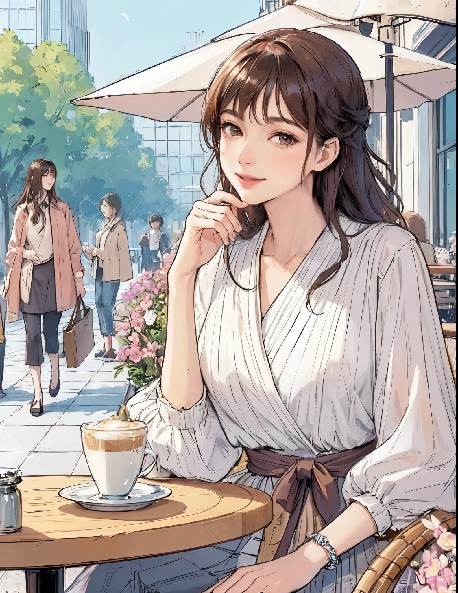 1lady solo, (sitting at terrace seat), (sash blouse) (stylish outfit), mature female, /(dark brown hair/) bangs, kind smile, (masterpiece best quality:1.2) delicate illustration ultra-detailed, large breasts BREAK (fragrant latte on the table) BREAK (fashionable cafe terrace) outdoors, main street crowded, spring flowers, detailed background