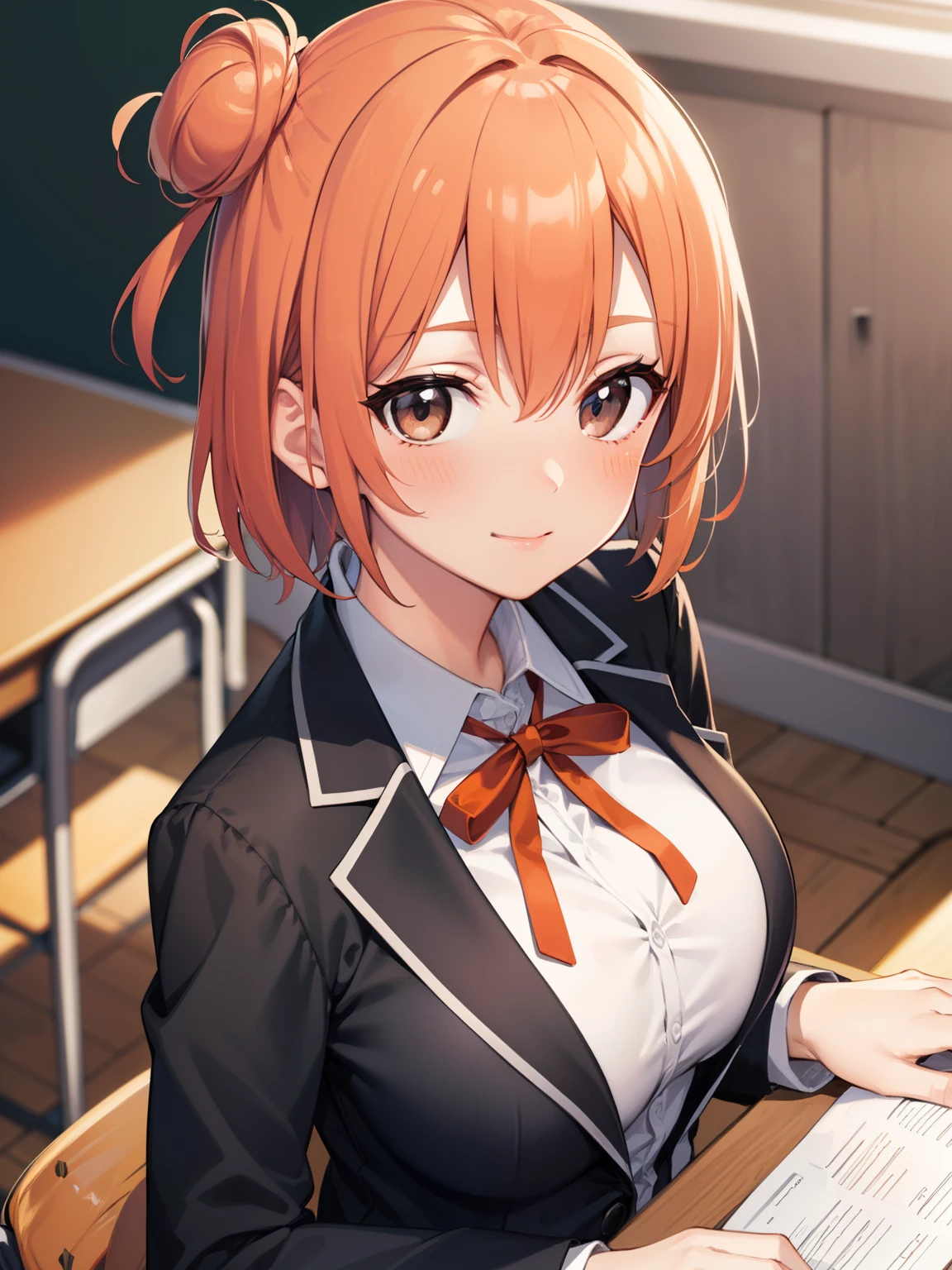 Yuigahama Yui, short hair, (brown eyes), (orange hair),  single bun hair, 
break 1girl,  shirt, ribbon, school uniform, Jacket, white shirt, black Jacket, blazer, sobu high school uniform, 

break looking at viewer, 
break (masterpiece:1.2), highest quality, High resolution, unity 8k wallpaper,  (beautiful and fine eyes), highly detailed face, perfect lighting, Very detailed CG, (perfect hands, perfect anatomy),

smile,  (blush), 
(large breasts:1.4),  
classroom, 
from above, upper eyes, upper body, 
