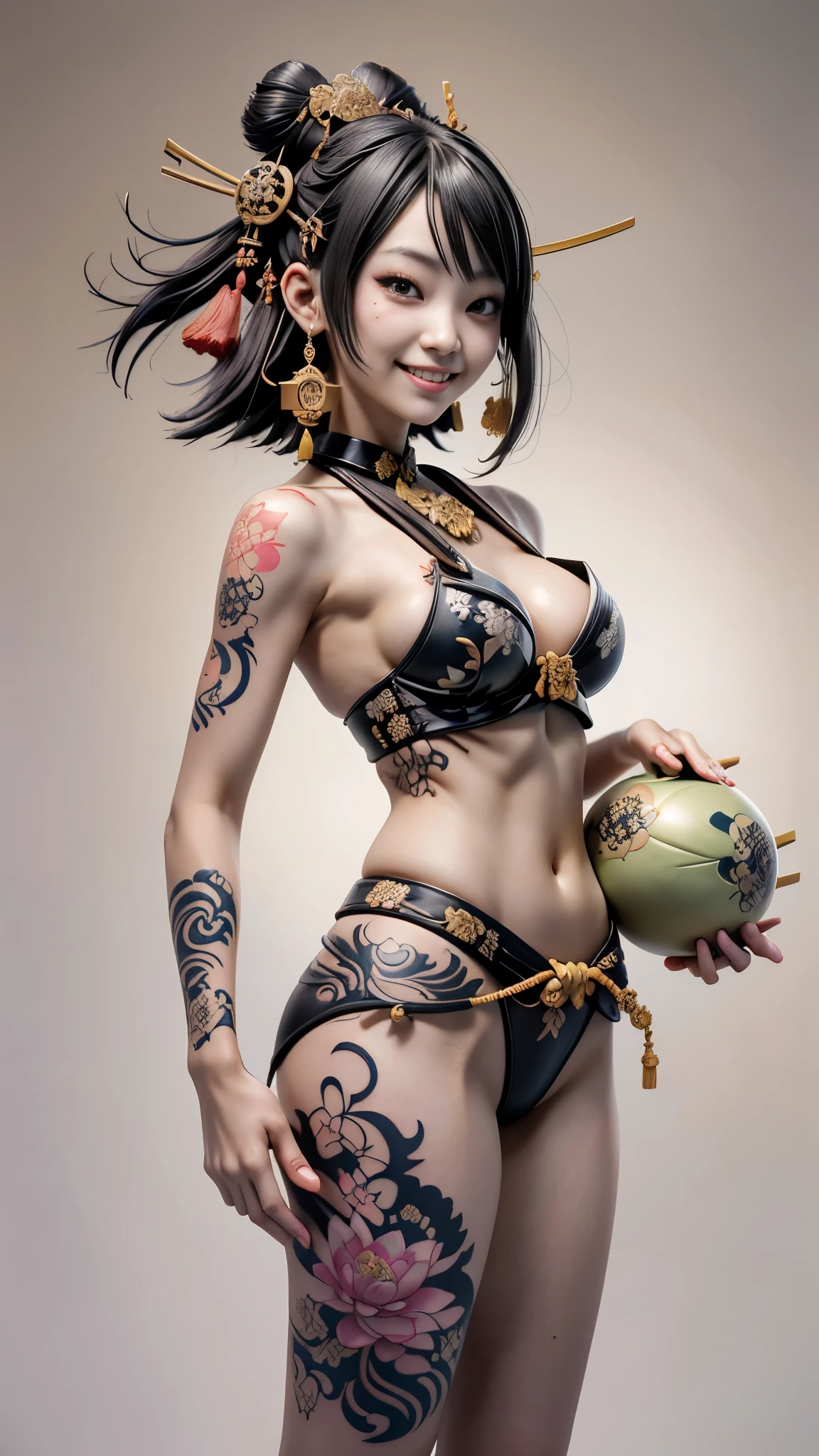 Japanese carving。Inspired by the first-generation carved lotus sculpture Yusei Shunguangsai Hoshu, Oriental tattoos, Traditional Japanese carving of a beautiful 18 year old girl,Dark brown short hair。breast enlargement,Small waist,slim body。toothy smile((Beautiful women’s ukiyo-e tattoos captivate people and express their souls。