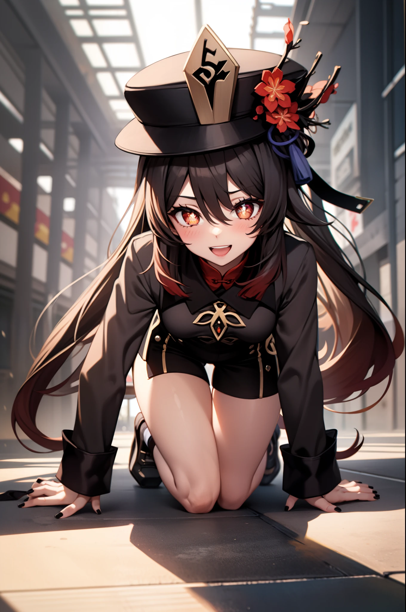 masterpiece, best quality, HuTaoV4, 1girl, solo, looking at viewer, symbol-shaped pupils, flower shaped pupils, blush, smile, open mouth, long sleeves, hat, jewelry, flower, thighs, shorts, socks, nail polish, black headwear, chinese clothes, black shorts, ring, all fours, black nails, hat flower,