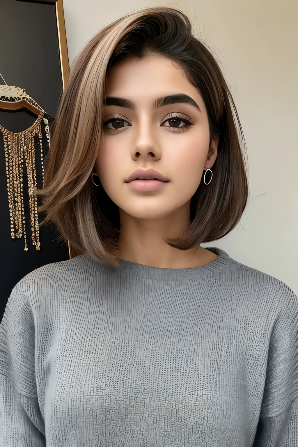 1 garota em, 19 anos, Sozinho, Cabelo longo, Seios colossais, olhando para o espectador, cabelos loiros, Ombros nus, olhos castanhos, jewelry, corpo todo, um colar, fora dos ombros, Sweaters, realista, Uma sexy