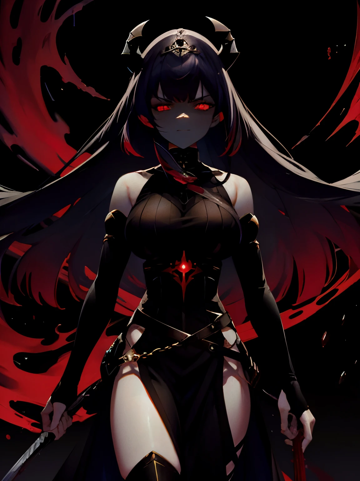 has a big sword　whole body　Composition looking up from bottom to top　dark world　dark background　red glowing eyes　black hair very long hair　dark fantasy　black dress　Horned grew　1 female　Red Moon