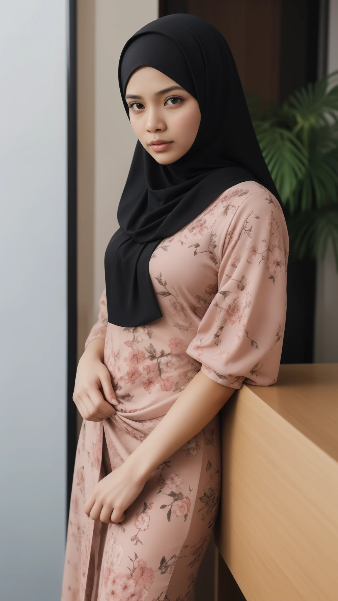 a 20 years old malay women in hijab wear floral pattern baju kurung seat in the office, night, serious face, nighttime, in the office movie style, hyper - realistic photography, dramatic effect, people working in background, pastel color grading, full body, 8k, close - up shot, extreme close - up photo