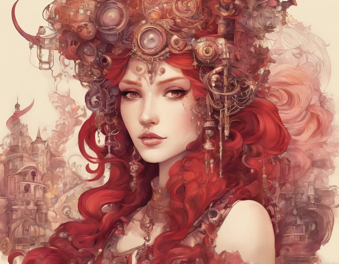Un traîneau circule entre 5 mondes et un Teint clair, une Fille de environ 9 ans, cheveux roses steampunks, Yeux violets distinctifs, porter une tenue futuriste , mince et gracieux, beau, Aux chandelles dans un décor médiéval, Mise au point ultra nette, tir réaliste, vêtements féminins de travaux, couleurs rouges briques
