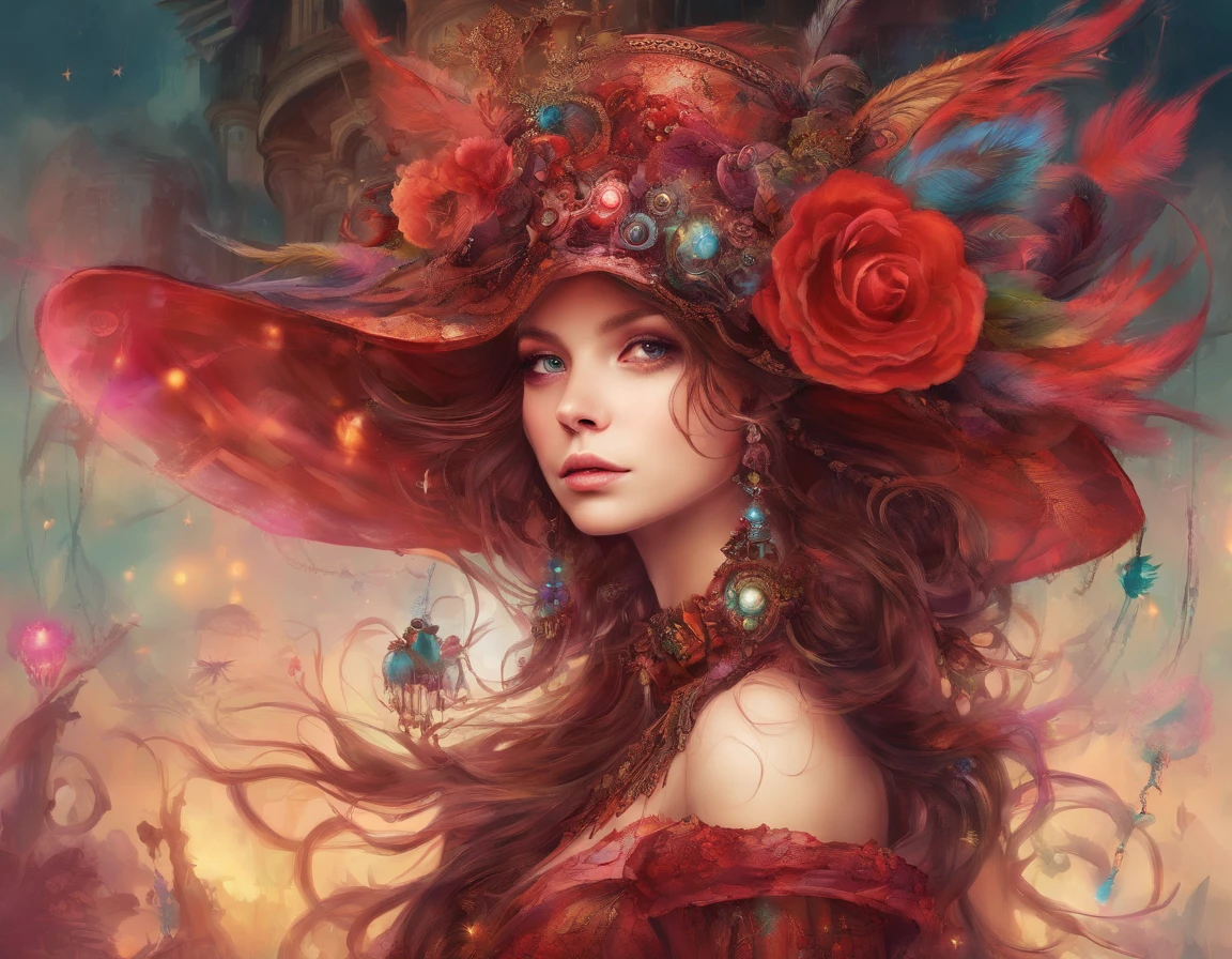 Un train circule entre deux mondes et un Teint clair, femme environ 19 ans, cheveux blancs naturels, yeux verts distinctifs, porter une tenue Steampunk, mince et gracieux, beau, Aux chandelles dans un décor médiéval, Mise au point ultra nette, tir réaliste, vêtements féminins médiévaux, couleurs tétradiques (Cicatrice:1.4)