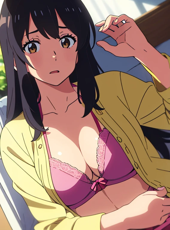 shinkai makoto, kimi no na wa., POV (pov viewer's hands unbuttoning girl's shirt),1girl, bangs, black hair, brown eyes, worried eyes, open mouth, twisted half up, red ribbon, long hair, long sleeve light yellow cardigan, open shirt, white shirt, unbuttoned, medium breast, pink bra, navel, collarbone, blue pants, looking at the viewer, arms up, lying, lying on wall, upper body, masterpiece, perfect anatomy, cowboyshot , POV (pov viewer's hands unbuttoning girl's shirt)