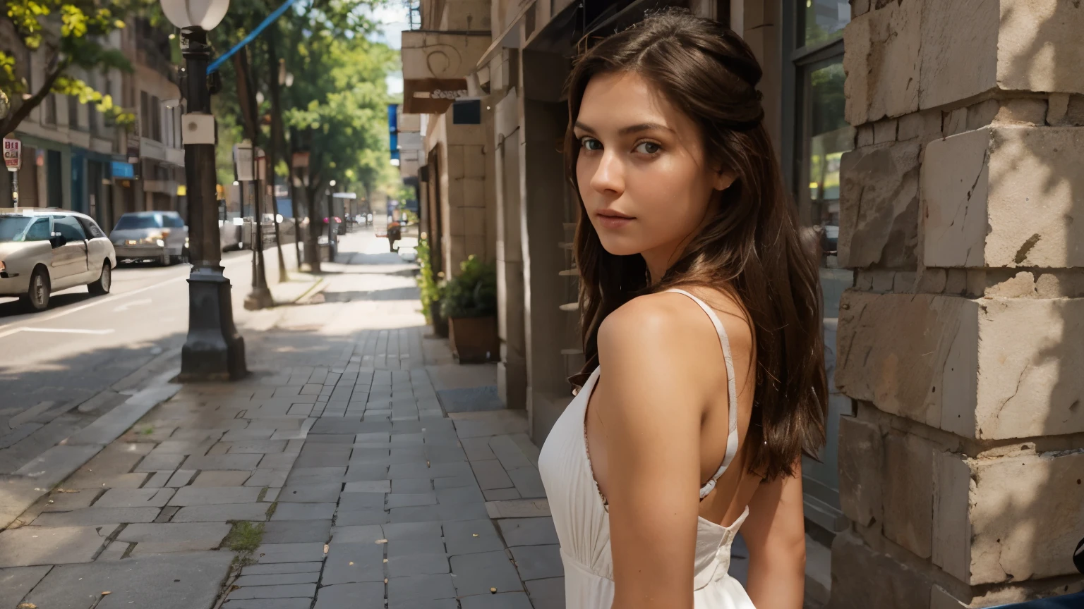 Create an RPG style scene of a beautiful brunette woman with blue eyes high resolution, realistic, portrait, young, beautiful, Labanese, girl, 20s, vivid colors, soft lighting, warm tones, rich skin texture, subtle shadows, ambiance natural, on the street, on the sidewalk, midday, standing, sunny day, wearing a short white dress from the back, posing near a sensual and upright tree.