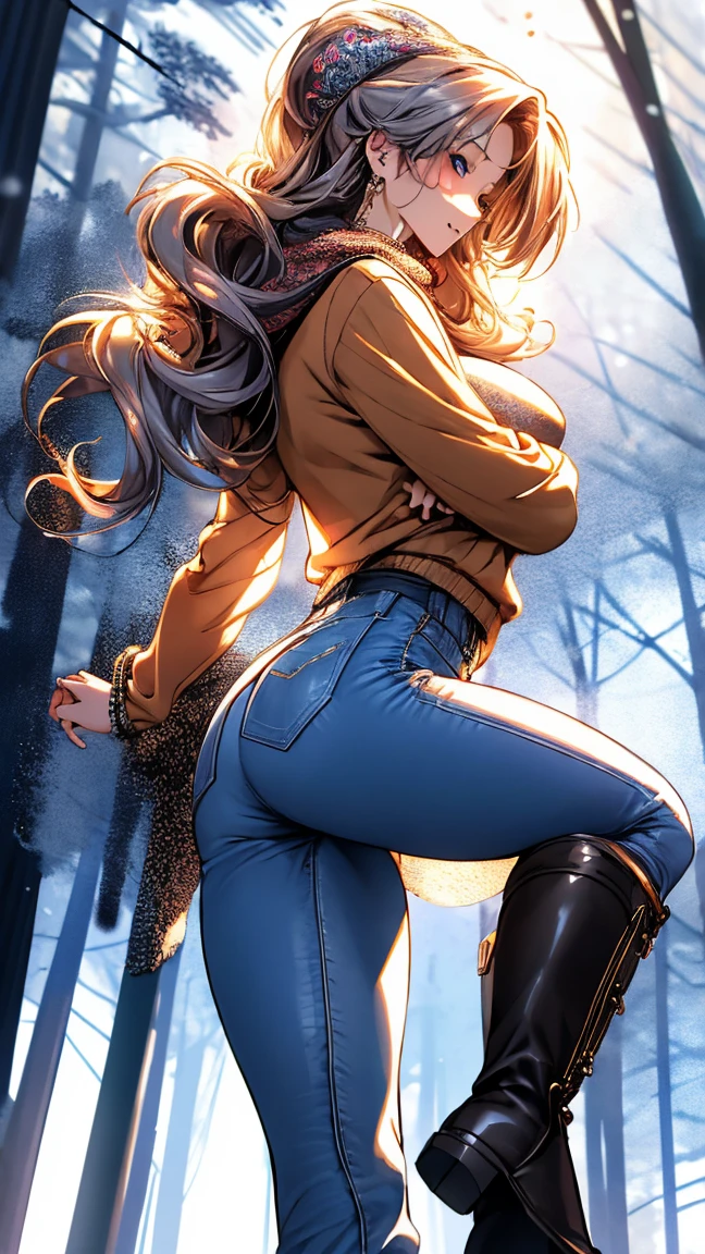 (masterpiece, best quality:1.2), (high resolution, 8K RAW photo, photo realistics, clear focus, thin outline:1.3), (natural lighting, textile shading), snapshot, pov, ((solo:1.37)), (1 matured woman, 28 years old, raised sexy), ((milf:1.5)), ((nfsw:0.8, fuge breast:1.3, sagging breast, big tits, breast cleavage, harass sexually, in heat:0.2)), ((Bright beautiful eyes with highlight:1.3, fine detailed eyes, high detailed pupils)), beautiful girl wearing winter outfits:1.5, ((cute girl playing around in the falling snow:1.5, dancing, stepping, with fluttering:1.2, turnning, spinning, spreading legs, opening arms widely, fluttering hair)), ((winter outfits, wearing light orange winter coat:1.2, fluttering winter coat, cable knit sweaters, skinny denim:1.5, knit scarfs around neck, tihg_length long boots1.1)), your body decorated with fallen snow, in the snow, (looking at viewers, with seductitve smiling, half-closing eyes), ((little opening mouth:1.37)), silver based purple meshed hair, medium long hair, hair over one eye, asymmetric hair, side rock, blue eyes, (Luxury detailed accessories, necklace, earrings, Bracelets), bokeh, dutch angle, close-up face:1.5, full body, thighs focus, ((from side below:1.5)), ((full bodiEsbian, correct anatomy:1.6, ideal ratio of body proportions, correct hand:1.5, small hands)), outdoors, in a snowy forest, snow covered ground, trees decorated with snow, floating snowflakes, 