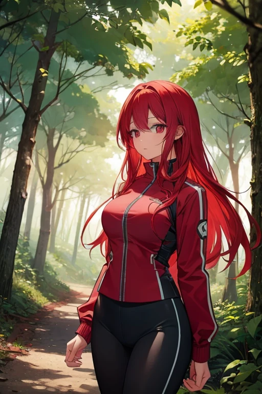 A red haired woman with red eyes with an hourglass figure is hiking in a forest