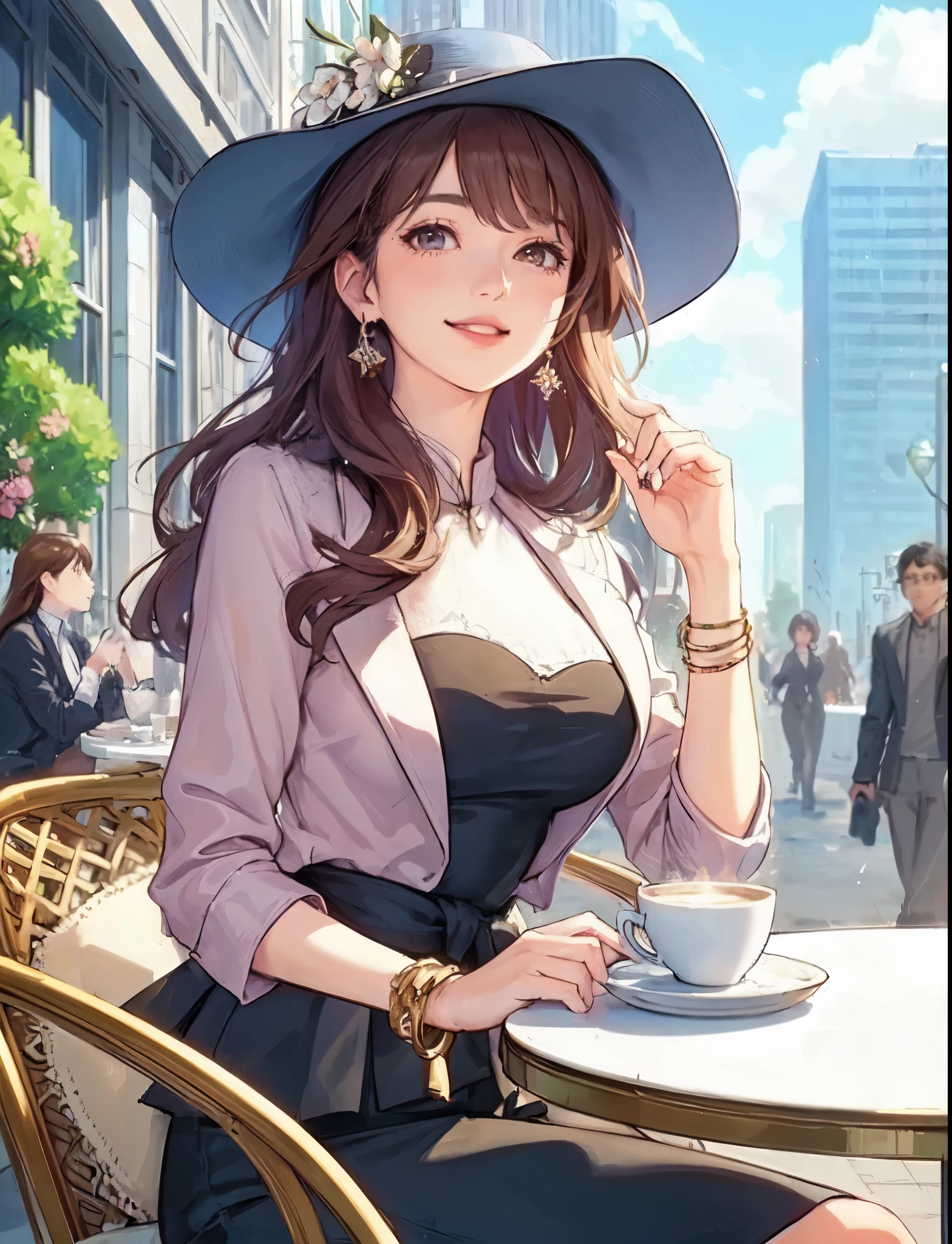 1lady solo, (sitting at terrace seat), (peplum) (stylish outfit), mature female, /(brown hair/) bangs, kind smile, (masterpiece best quality:1.2) delicate illustration ultra-detailed, large breasts BREAK (fragrant latte on the table) BREAK (fashionable cafe terrace) outdoors, main street crowded, spring flowers, detailed background