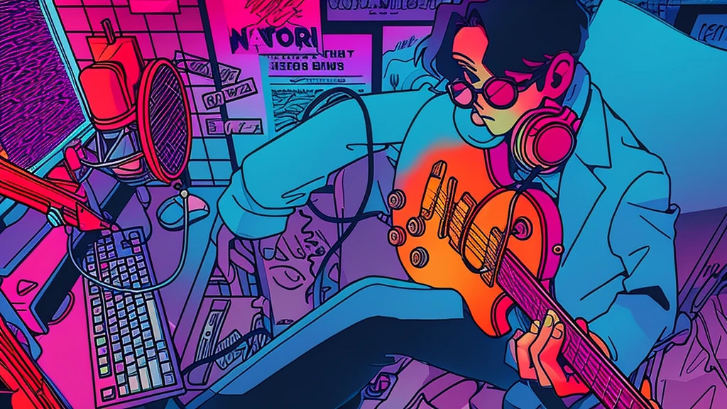 cartoon of a man with a guitar and a microphone in a room, 8 0 s anime vibe, [ synthwave art style ]!! ]!!, lofi artstyle, vaporwave cartoon, synthwave art style ]!!, album art, synthwave art style, [ synthwave art style ]!!, synthwave art, lofi art, lo-fi illustration style