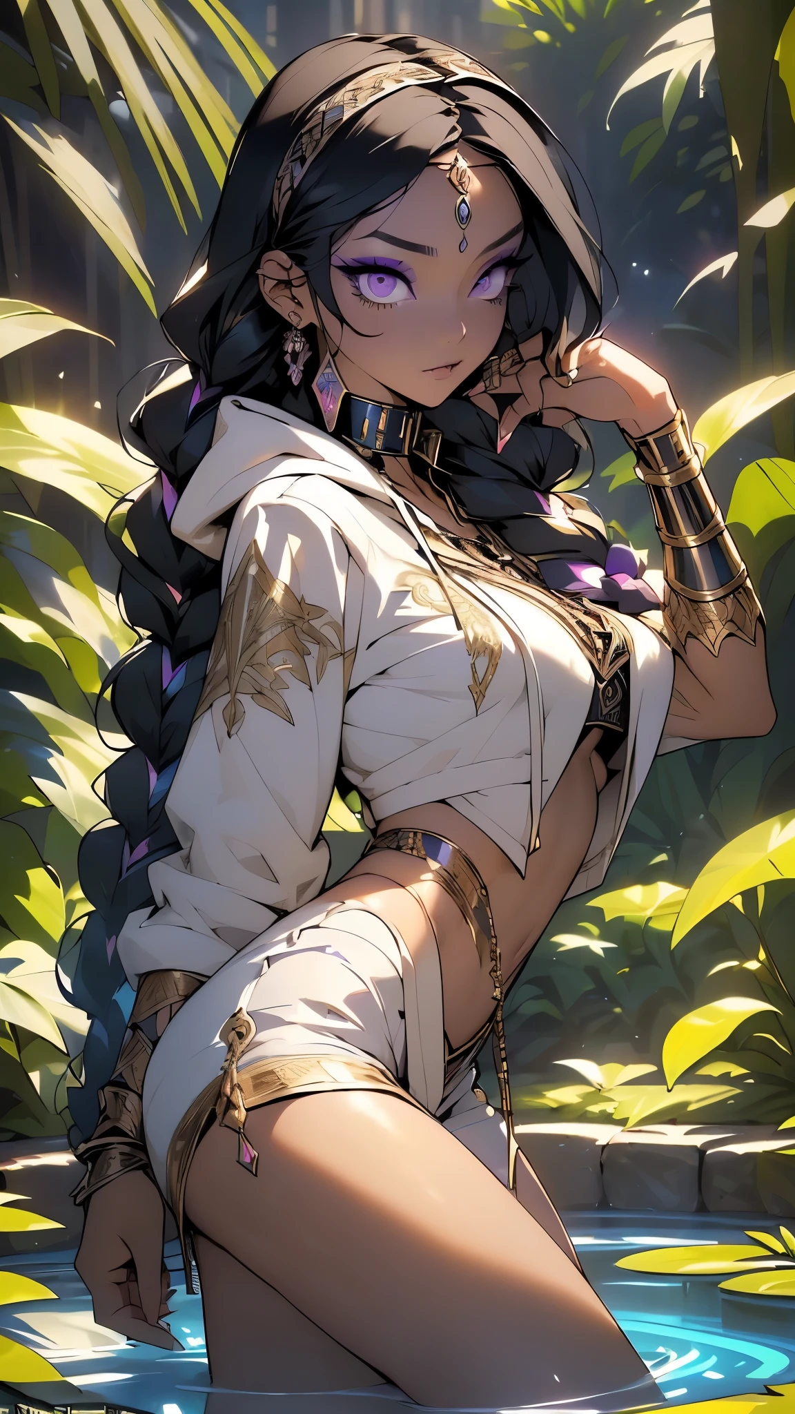 girl from ancient Egypt,1girl,

(large breasts:1.4),((((long twin braids,tight braids,long braid,braided hair,long hime cut,dark hair,black hair,colored inner hair)))),(((purple_eyes:1.3))),intricate eyes,beautiful detailed eyes,symmetrical eyes,((((lustrous skin:1.5,tanned skin,bright skin: 1.5,skin tanned,shiny skin,very shiny skin,shiny body,Reflective skin)))),(spider lower abdomen,narrow waist,wide hip,athletic body,inflated legs,thick thighs,delicate detailed fingers,(detailed face)),beautiful detailed lips,

cute,slutty,sensual,seductive look,seductive,((erotic)),opulent,sumptuous,((nsfw)),

(((eyeshadow,egyptian makeup,eyelid makeup))),zettai ryouiki,((revealing clothing,show skin)),((((underboob)))),(((barefoot))),((metal leg rings)),egyptian outfit,((armor thong)),((underpants strap)),((((egyptian hoodie,white hoodie,naked hoodie,old style hoodie, transparent hoodie)))),((((slave collar,Long chain leash connected to her collar,shackles)))),(((Transparent cloth:1.1,wet clothes,intricate outfit,embroidered outfit,ornate outfit,embroidered clothes,ornate clothes))),

(flirtatious pose:1.3), looking at viewer,embarrassed,centered,scale to fit dimensions,Rule of thirds,

((beautiful bath house made of greek marble and pillars, beautiful clear water in pool)),scenery:1.25,((intricate scenery)),((greek temple background)),outdoors,overgrown,(overgrown background,glowing crystals,bioluminescent plant),extremely scenery,(((glowing crystals,bioluminescent plants))),(puddles everywhere,moss,moss on the background),clouds,lily pads,palms,reeds,(sunset, golden hour),

(Glossy Egyptian ornaments),highres,sharp focus,(ultra detailed,extremely detailed),(photorealistic artwork:1.37),(extremely detailed CG unity 8k wallpaper),(((vibrant colors,vibrant theme))),(intricate),(masterpiece),(best quality),
