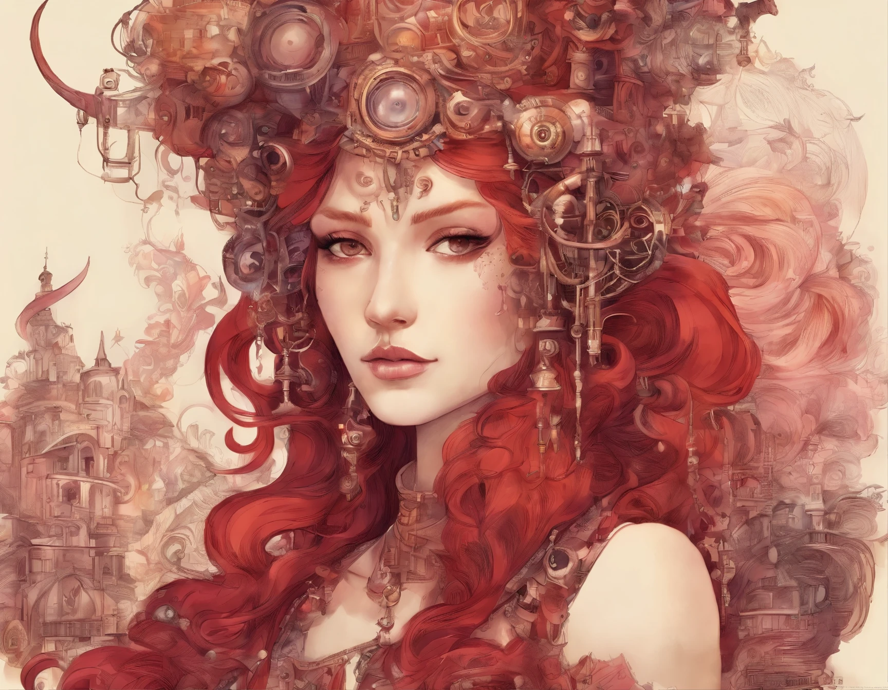 Un train circule entre deux mondes et un Teint clair, femme environ 19 ans, cheveux blancs naturels, yeux verts distinctifs, porter une tenue Steampunk, mince et gracieux, beau, Aux chandelles dans un décor médiéval, Mise au point ultra nette, tir réaliste, vêtements féminins médiévaux, couleurs tétradiques (Cicatrice:1.4)