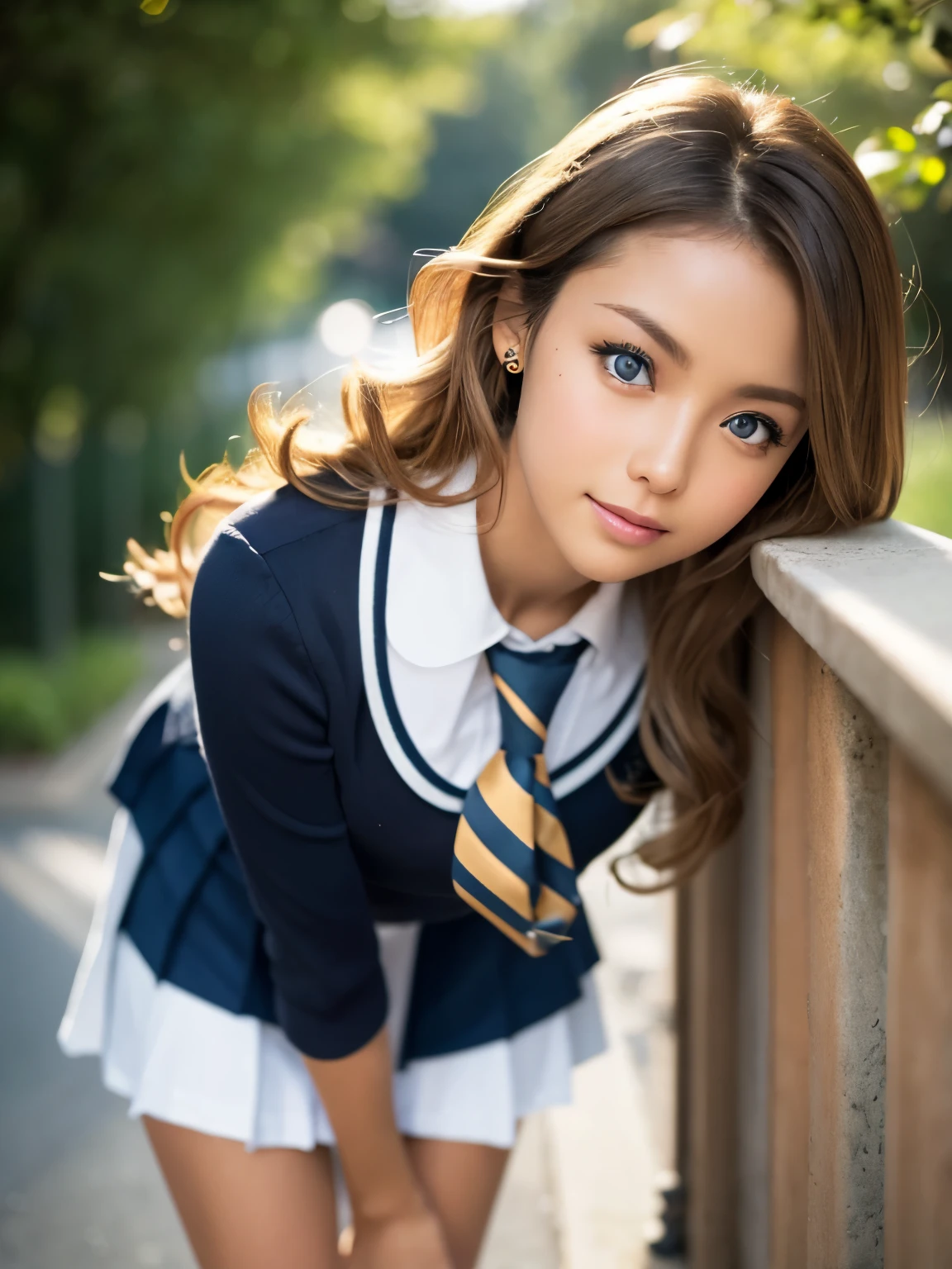 (table top:1.3, Photoreal:1.4, 8K), highest quality, masterpiece, Super high resolution, perfect dynamic composition, big face、round face、((blonde hair:1.8、curly hair))、Highly detailed skin and facial textures:1.3, Detail of limbs, 1 girl, Cute sexy 22 year old woman, (tanned skin:1.6), tilt your head, ((completely enchants you:0.9)), ((school uniform)),Medium chest, (Eyes Apart、beautiful eyes, blue eyes、Eyes that feel beautiful eros:0.85), sexy face:0.4, (closed mouth、small mouth、thick lips、A taste that gives you a beautiful sense of eroticism:0.85), ((Too cute beauty:0.9))、gal makeup、standing position、((full body shot)), beautiful legs