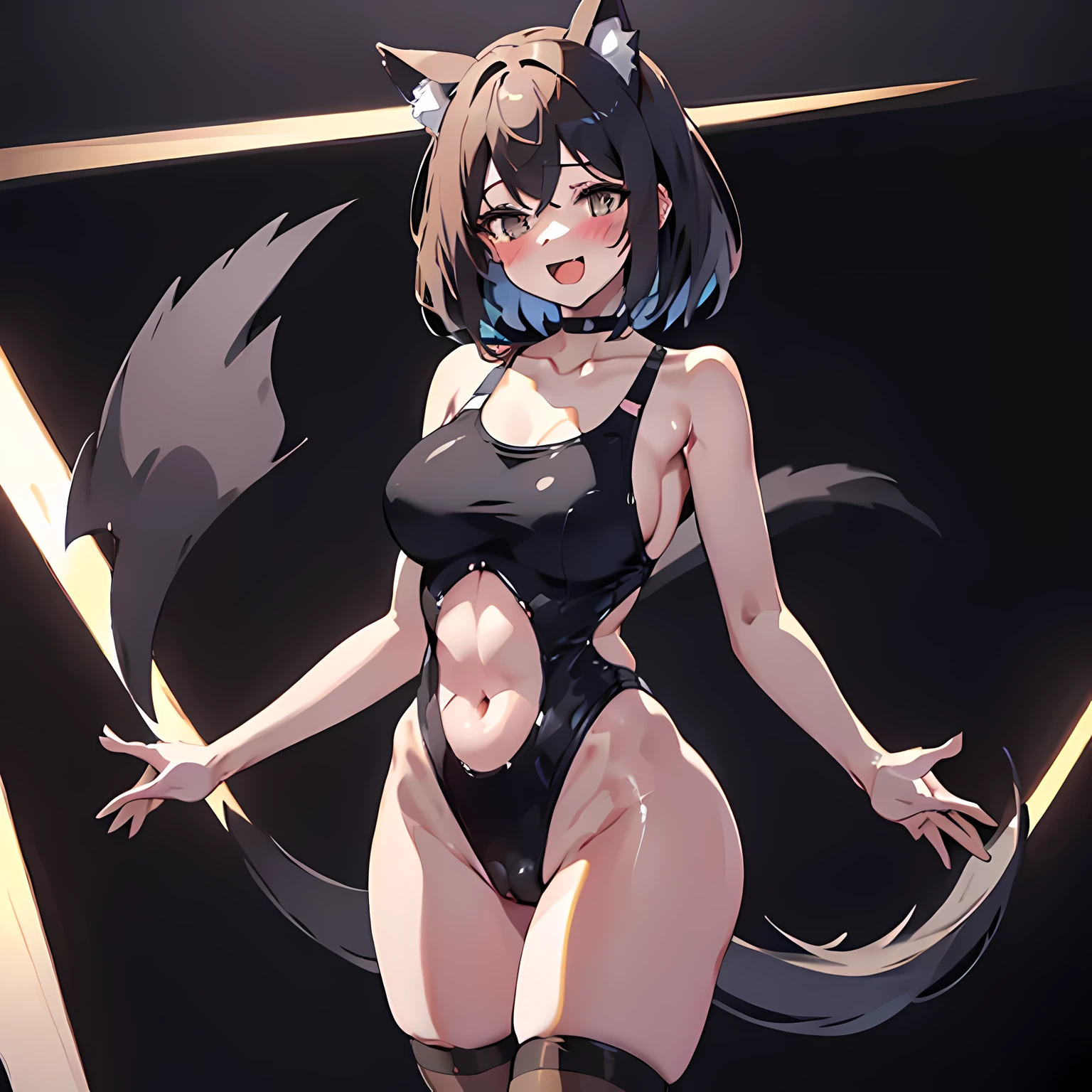 masterpiece,best quality,extremely delicate and beautiful,
1 girl, short hair, looking at the audience, brown eyes, breast, Smile, blush, open mouth, Put your arms behind your back, cover navel, collar, cat ears, black hair, Bangs,clavicle, camel toe, brown hair, curtain, thigh, black collar, :d, Neckbells,
(perspective:1.2),body stockings,black sex swimsuit, Raise your legs high,(black swimsuit:1.1),
perfect shade,ambient light,depth of field,
