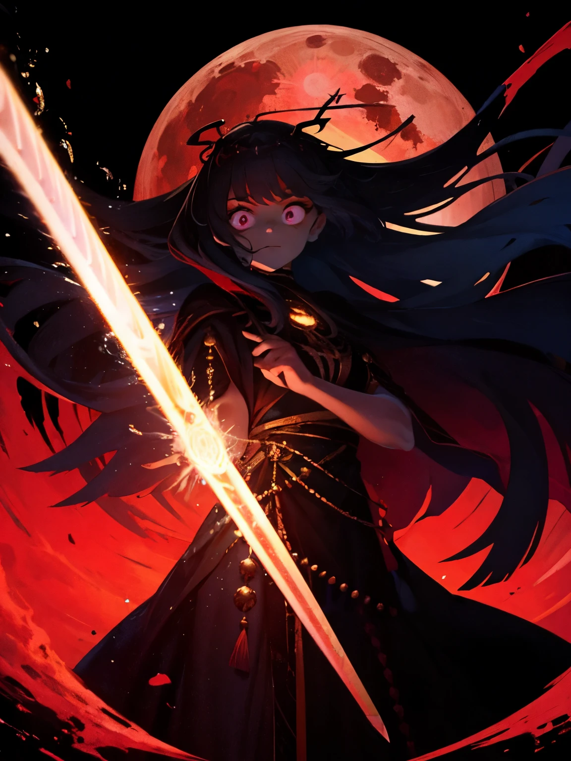 has a big sword　whole body　Composition looking up from bottom to top　dark world　dark background　red glowing eyes　black hair very long hair　dark fantasy　black dress　Horned grew　1 female　Red Moon