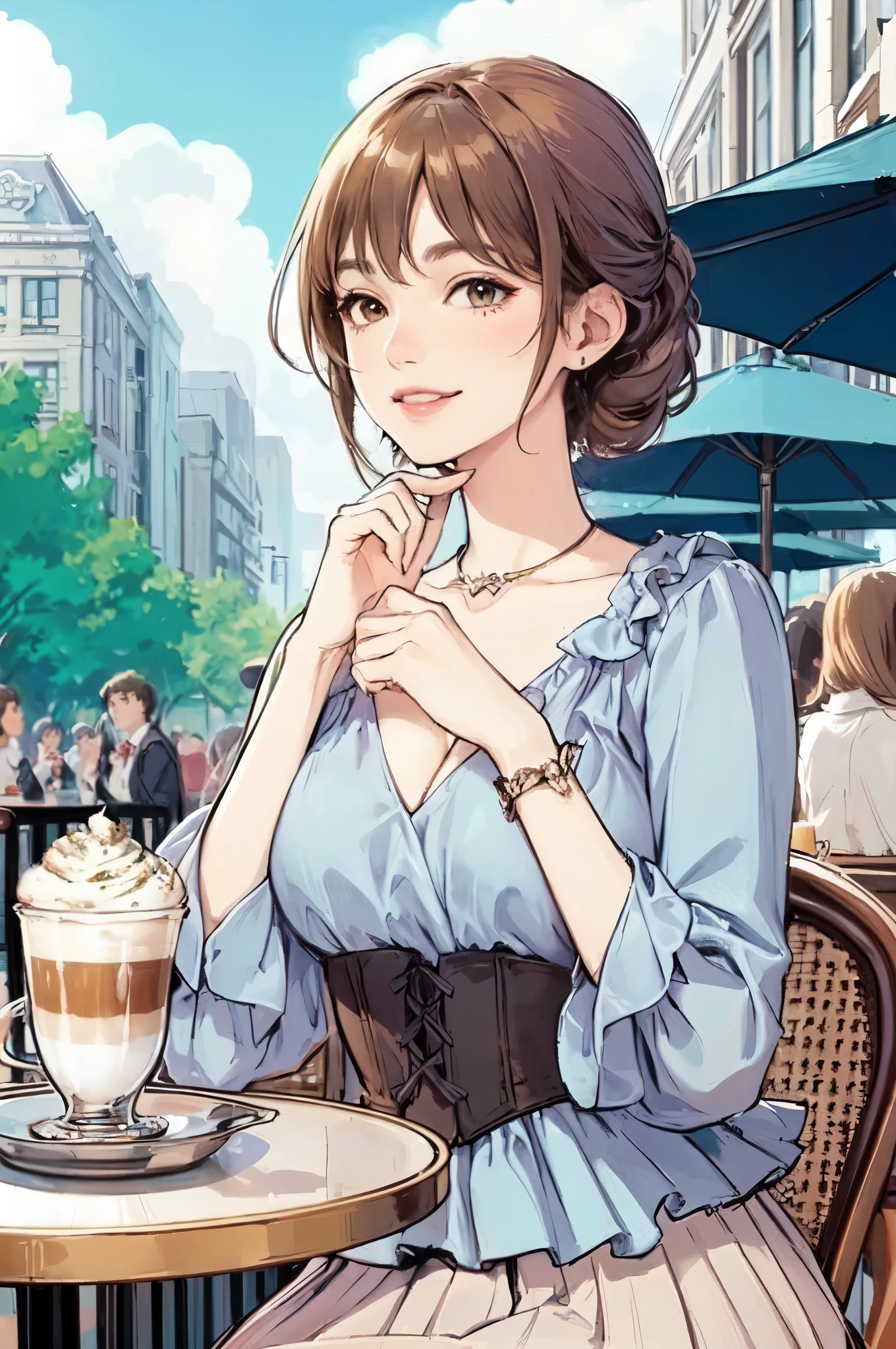 1lady solo, (sitting at terrace seat), (peplum) (stylish outfit), mature female, /(light brown hair/) bangs, kind smile, (masterpiece best quality:1.2) delicate illustration ultra-detailed, large breasts BREAK (fragrant latte on the table) BREAK (fashionable cafe terrace) outdoors, main street crowded, detailed background