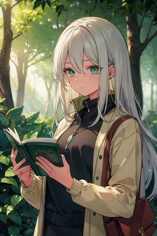A silver haired young woman with green eyes with an hourglass figure is reading a map on the trail in the forest