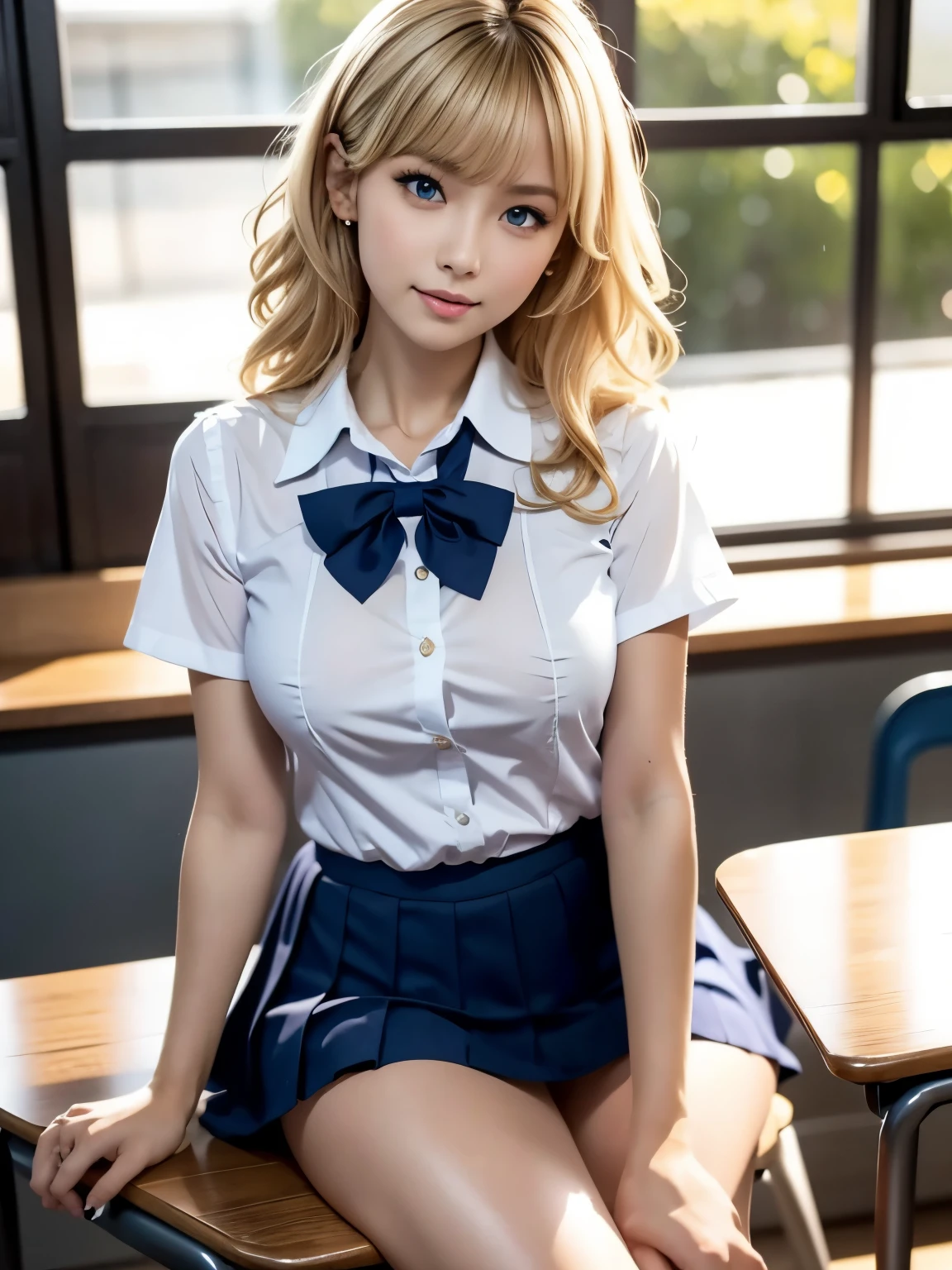 (table top:1.3, Photoreal:1.4, 8K), highest quality, masterpiece, Super high resolution, perfect dynamic composition, big face、round face、((blonde hair:1.8、curly hair))、Highly detailed skin and facial textures:1.3, Detail of limbs, 1 girl, Cute sexy 22 year old woman, (tanned skin:1.6), tilt your head, ((completely enchants you:0.9)), ((school uniform)),Medium chest, (Eyes Apart、beautiful eyes, blue eyes、Eyes that feel beautiful eros:0.85), sexy face:0.4, (closed mouth、small mouth、thick lips、A taste that gives you a beautiful sense of eroticism:0.85), ((Too cute beauty:0.9))、gal makeup、standing position、((full body shot)), beautiful legs