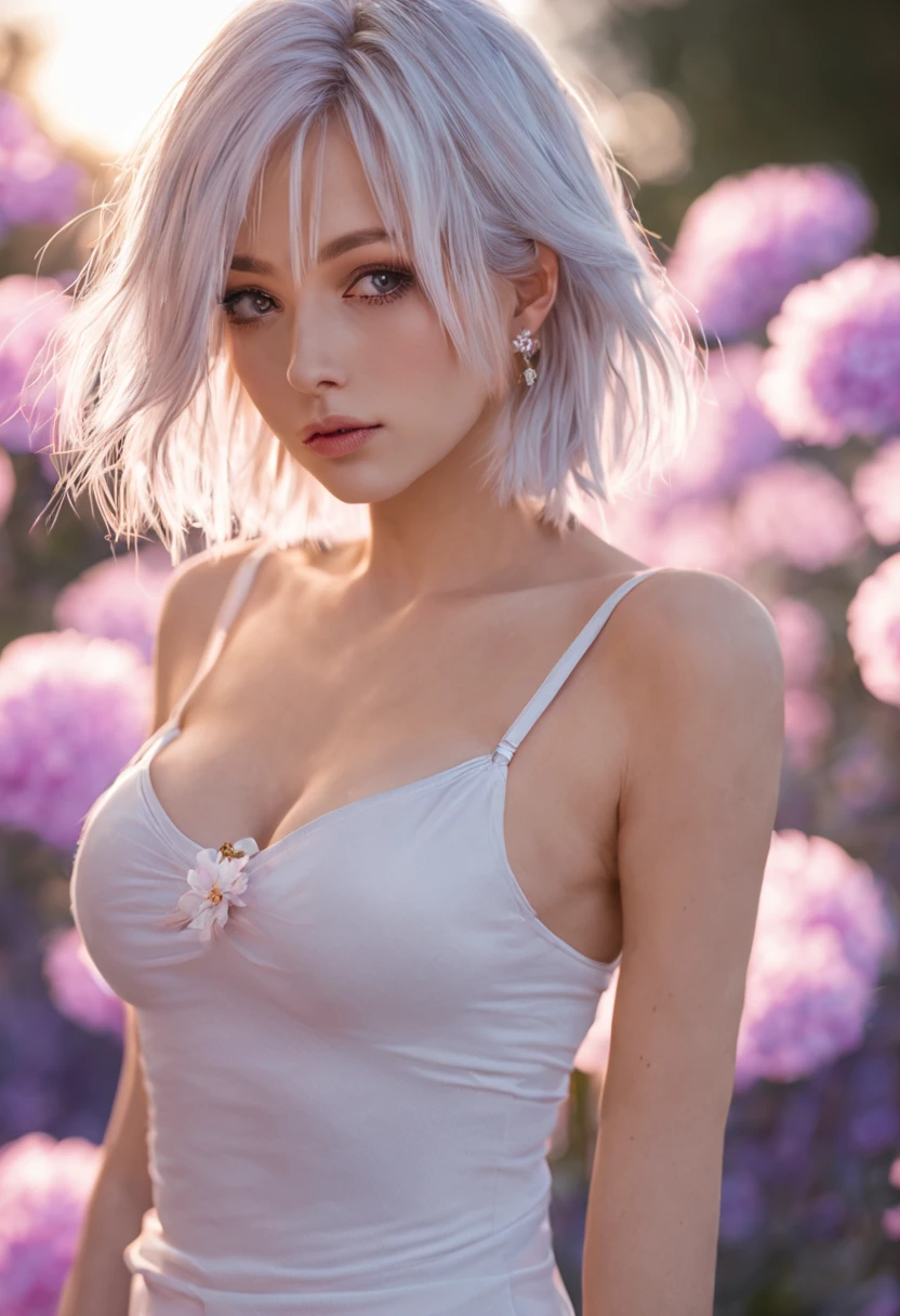 realistic, 1girl, white hair, purple eyes, glowing eyes, top-tank outfits ,sexy push up bras , skirt, parted lips, blush, night, flowers, sun, sunlight,