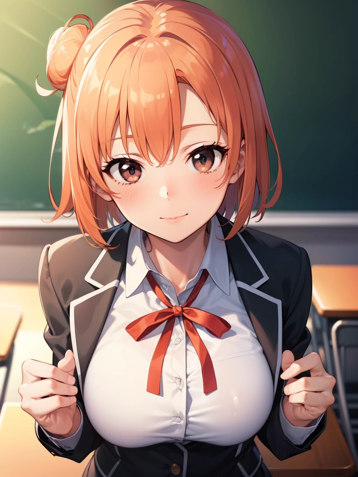 Yuigahama Yui, short hair, (brown eyes), (orange hair), single bun hair,
break 1girl, shirt, ribbon, school uniform, Jacket, white shirt, black Jacket, blazer, sobu high school uniform,
break looking at viewer,
break (masterpiece:1.2), highest quality, High resolution, unity 8k wallpaper, (beautiful and fine eyes), highly detailed face, perfect lighting, Very detailed CG, (perfect hands, perfect anatomy),
smile, (blush),
(large breasts:1.5),
classroom,
from above, upper eyes, upper body,