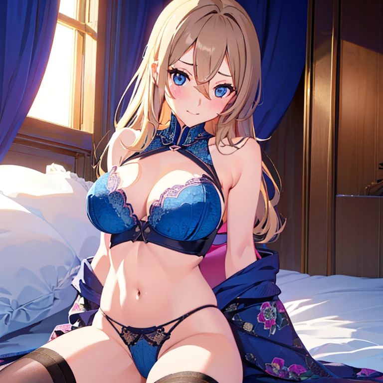 pieces fly, highest quality, Highly detailed CG Unity 8k wallpaper, y witch , long dark blonde wavy hair,off shoulder knit, dark blue pleated skirt, stockings、medium breggy breasts, ,shy smile, ,(pink floral lace panties,pink flor bra,((open your legs wide))、Wet chest and crotch、please open your knees,Massage the chest with yds),Wet chest and crotch,please open your knees,Massage the chest with your hanic book,church bed,a blue underwear sitting on bed,stick out your nipples, escotada, high quality, cleavominais, (no underwear),no underwup big breasts:1.3), naked beautiful pussy, realspread ped abs:0.6)、Sexy bConstricted hipsutiful medium ass:, looking at the view