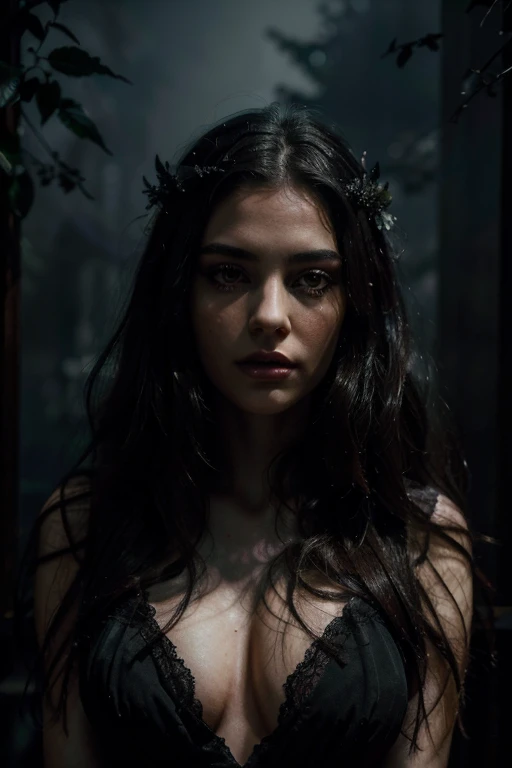 (best quality,4k,8k,highres,masterpiece:1.2), ultra-detailed, (realistic,photorealistic,photo-realistic:1.37), dark angel, pale chalk colored skin, jet black long straight hair, black lipstick, beautiful detailed eyes, beautiful detailed lips, extremely detailed eyes and face, long eyelashes, full body portrait, 1 girl, black wings, floating in mid-air, Gothic atmosphere, eerie lighting, intense gaze, mysterious expression, ethereal beauty, flowing dark gown, intricate lace details, hauntingly beautiful, dramatic shadows, chilling aura, supernatural being, otherworldly presence, melancholic atmosphere, misty background, foggy ambiance, hauntingly atmospheric, contrast between light and dark, enigmatic figure, surreal scenery, midnight hues, cinematic feel, intense contrast, unearthly elegance