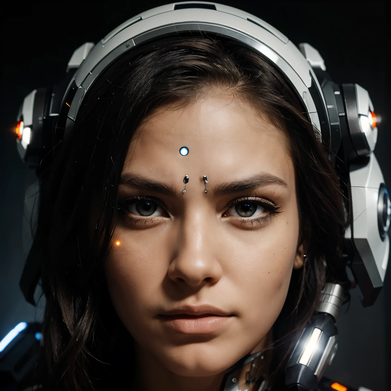 headshot of cyborg, complex patterns in eyes resembling the universe 